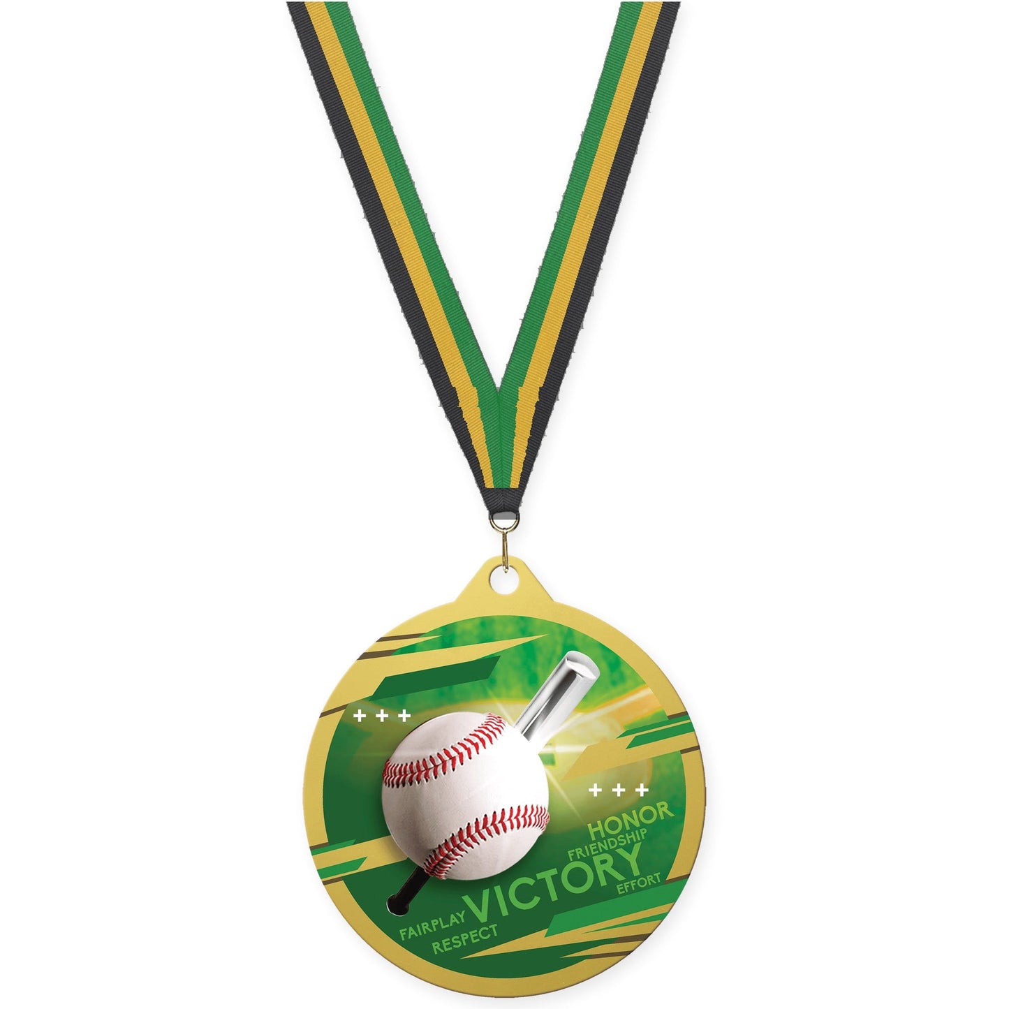 2 3/4 inch baseball Inspire medal in gold with Black Gold Green neck ribbon