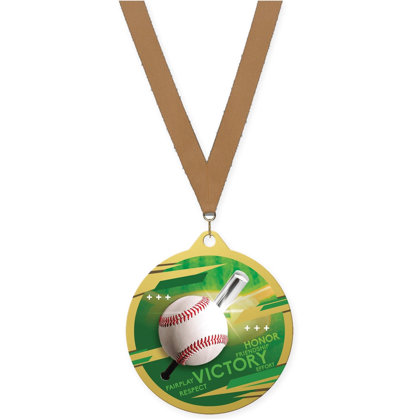 2 3/4 inch baseball Inspire medal in gold with Bronze Metallic neck ribbon