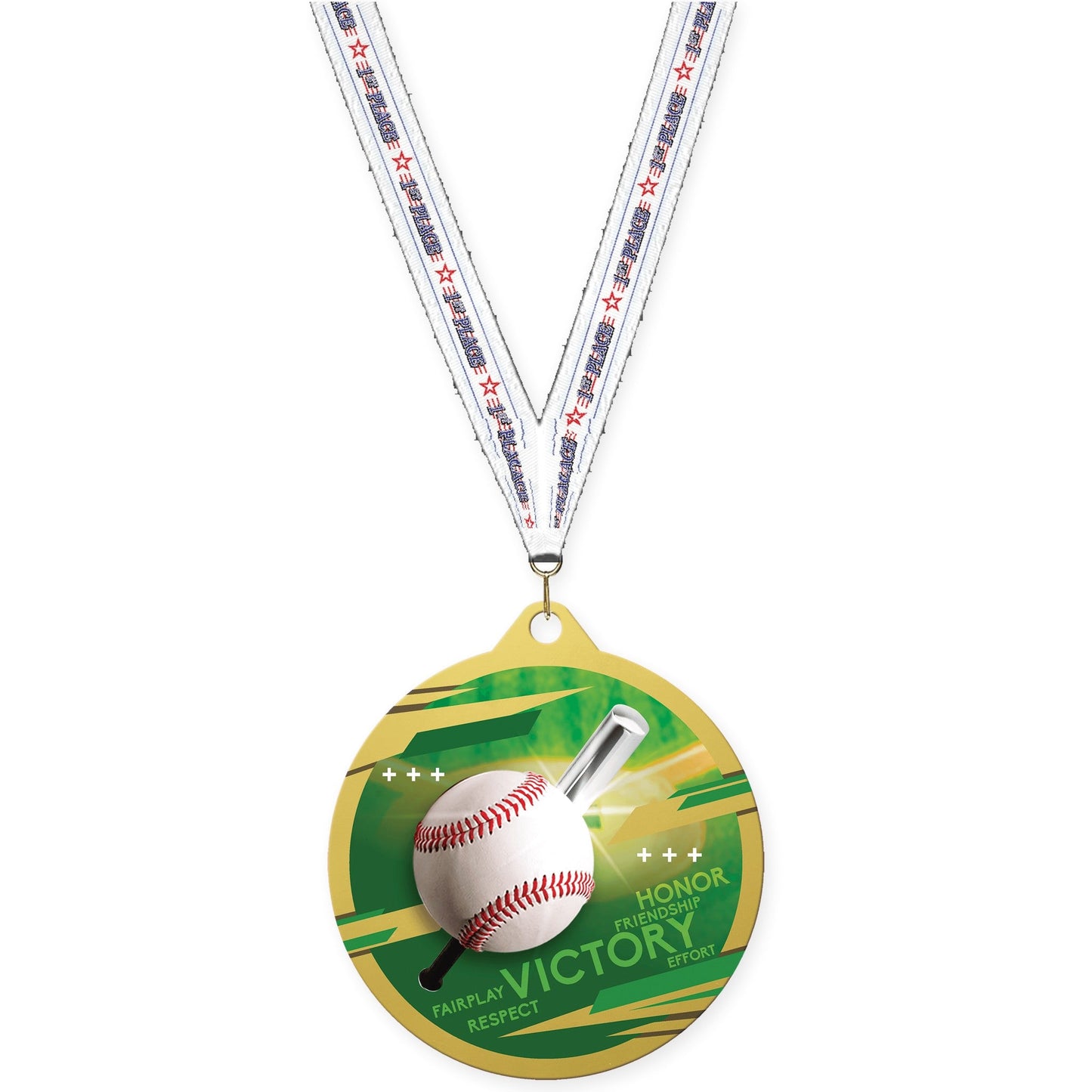 2 3/4 inch baseball Inspire medal in gold with 1st Place neck ribbon