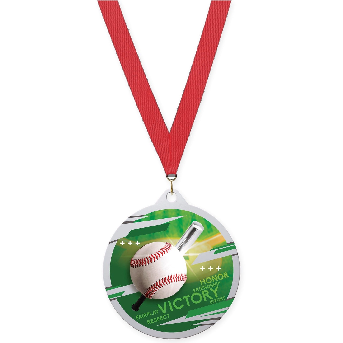2 3/4 inch baseball Inspire medal in silver with Red neck ribbon
