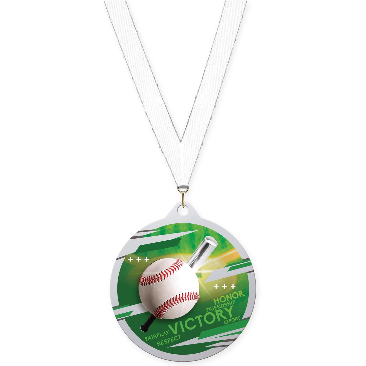 2 3/4 inch baseball Inspire medal in silver with White neck ribbon