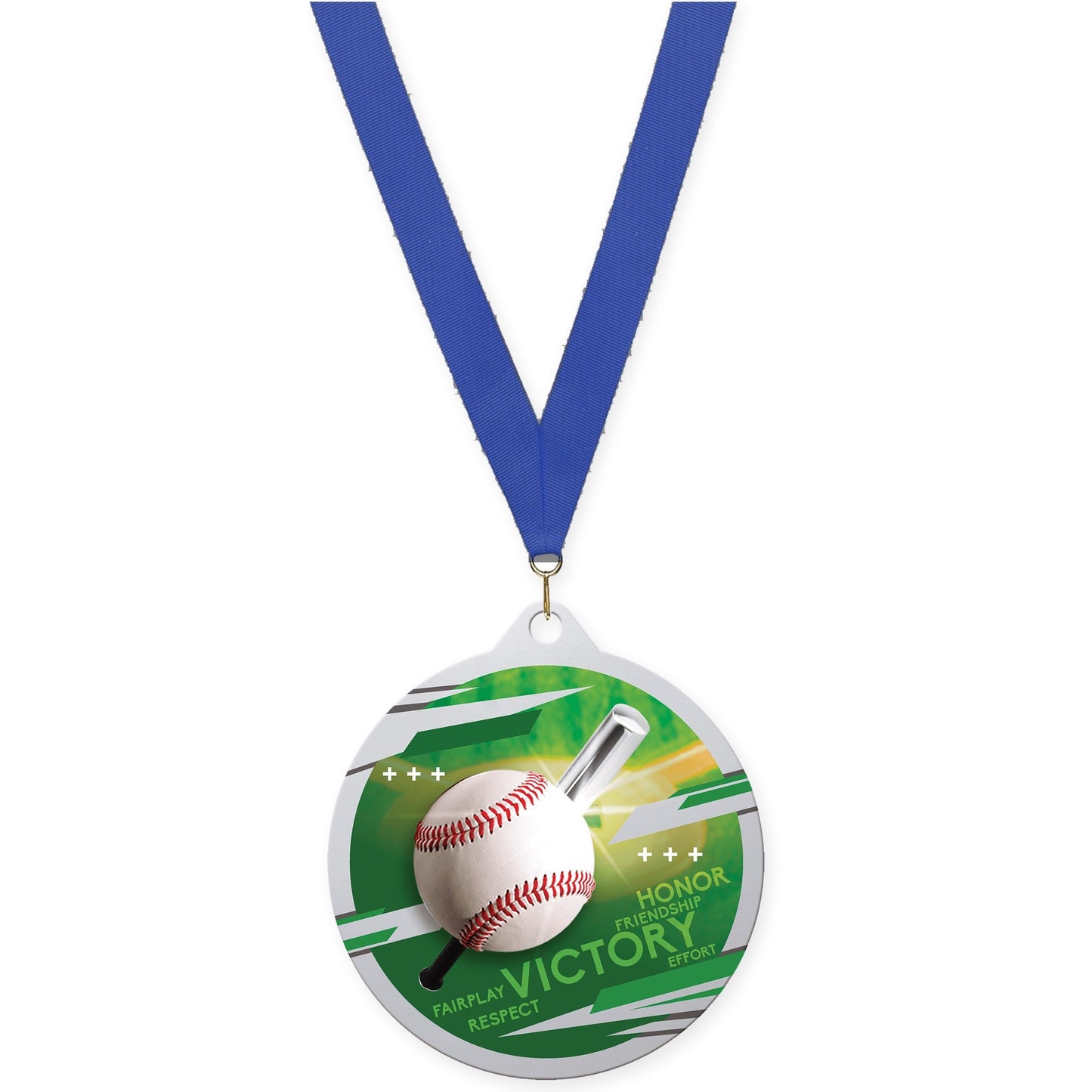 2 3/4 inch baseball Inspire medal in silver with Blue neck ribbon