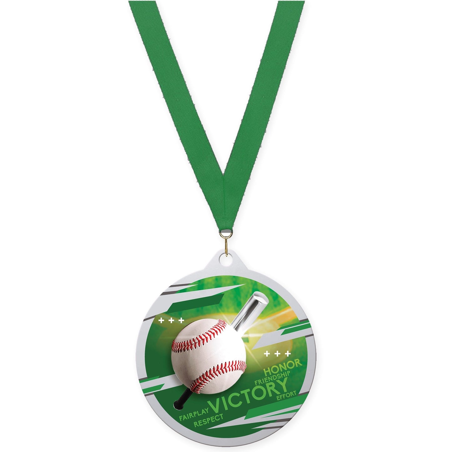 2 3/4 inch baseball Inspire medal in silver with Green neck ribbon