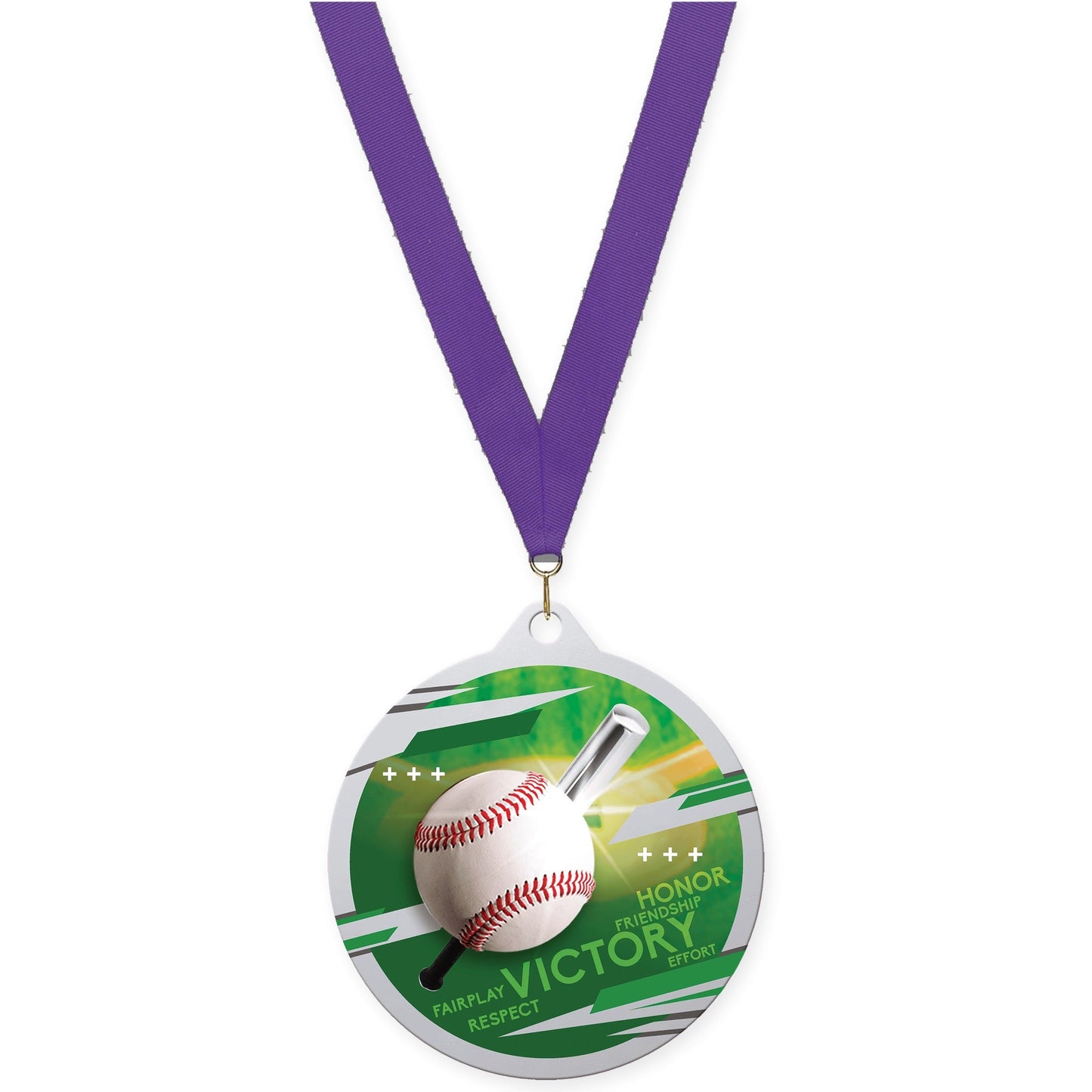 2 3/4 inch baseball Inspire medal in silver with Purple neck ribbon