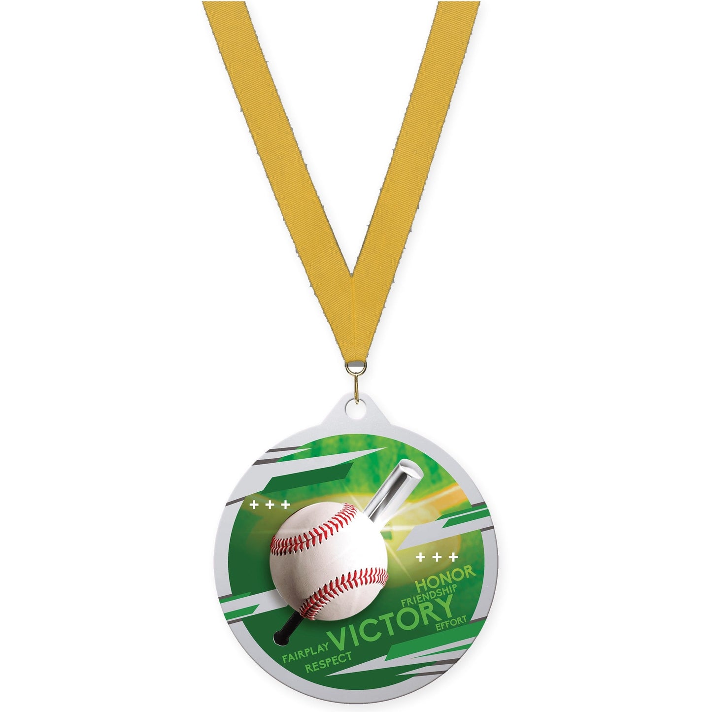 2 3/4 inch baseball Inspire medal in silver with Gold neck ribbon