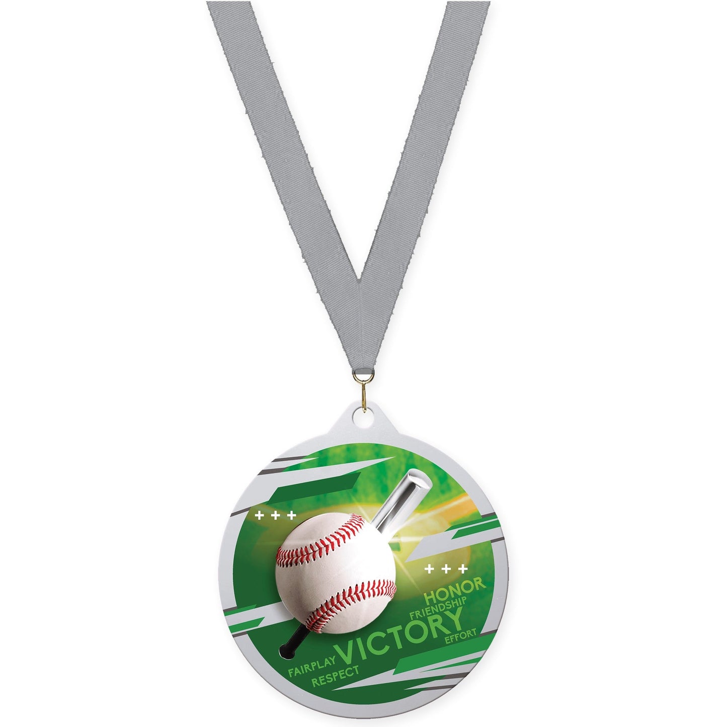 2 3/4 inch baseball Inspire medal in silver with Gray neck ribbon