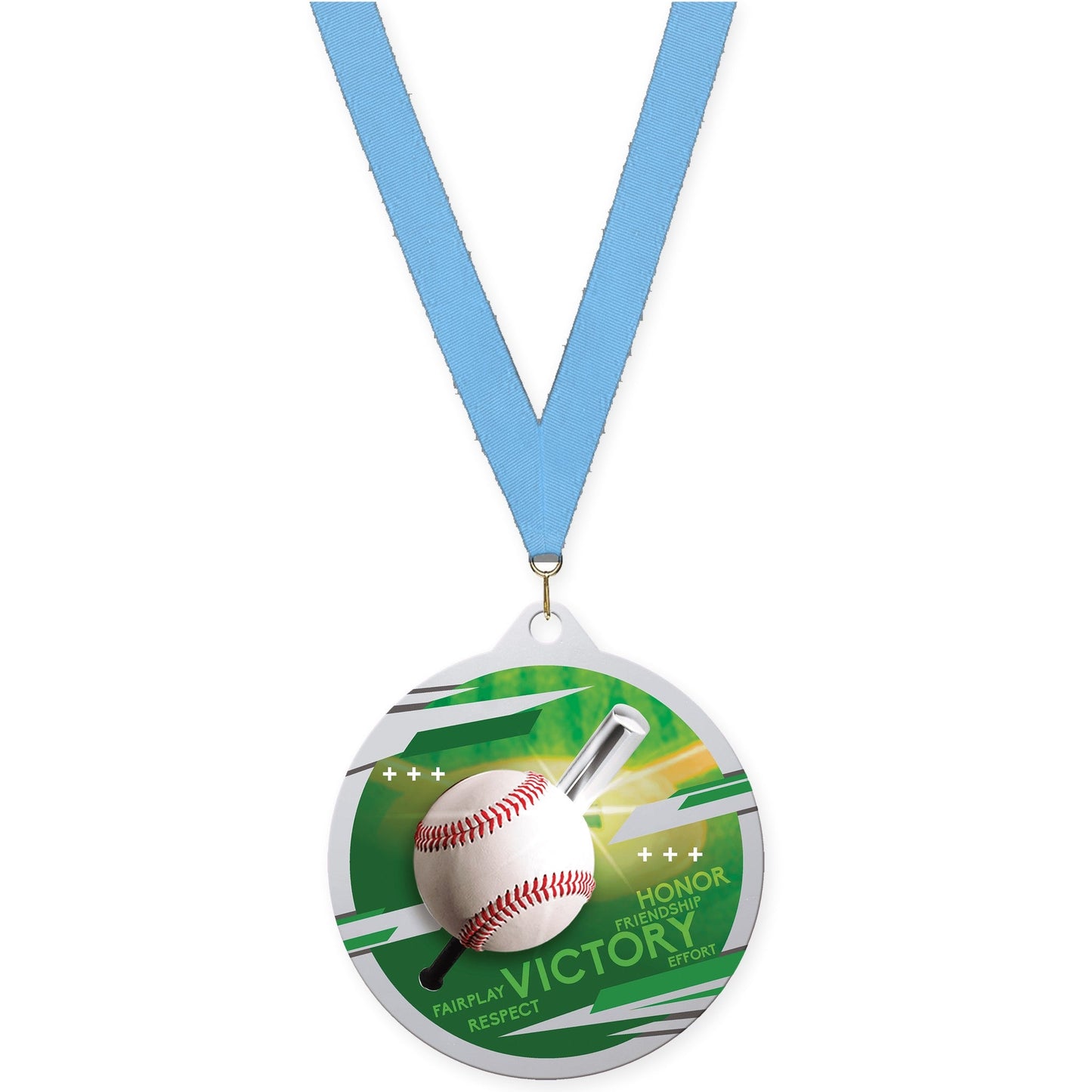 2 3/4 inch baseball Inspire medal in silver with Light Blue neck ribbon