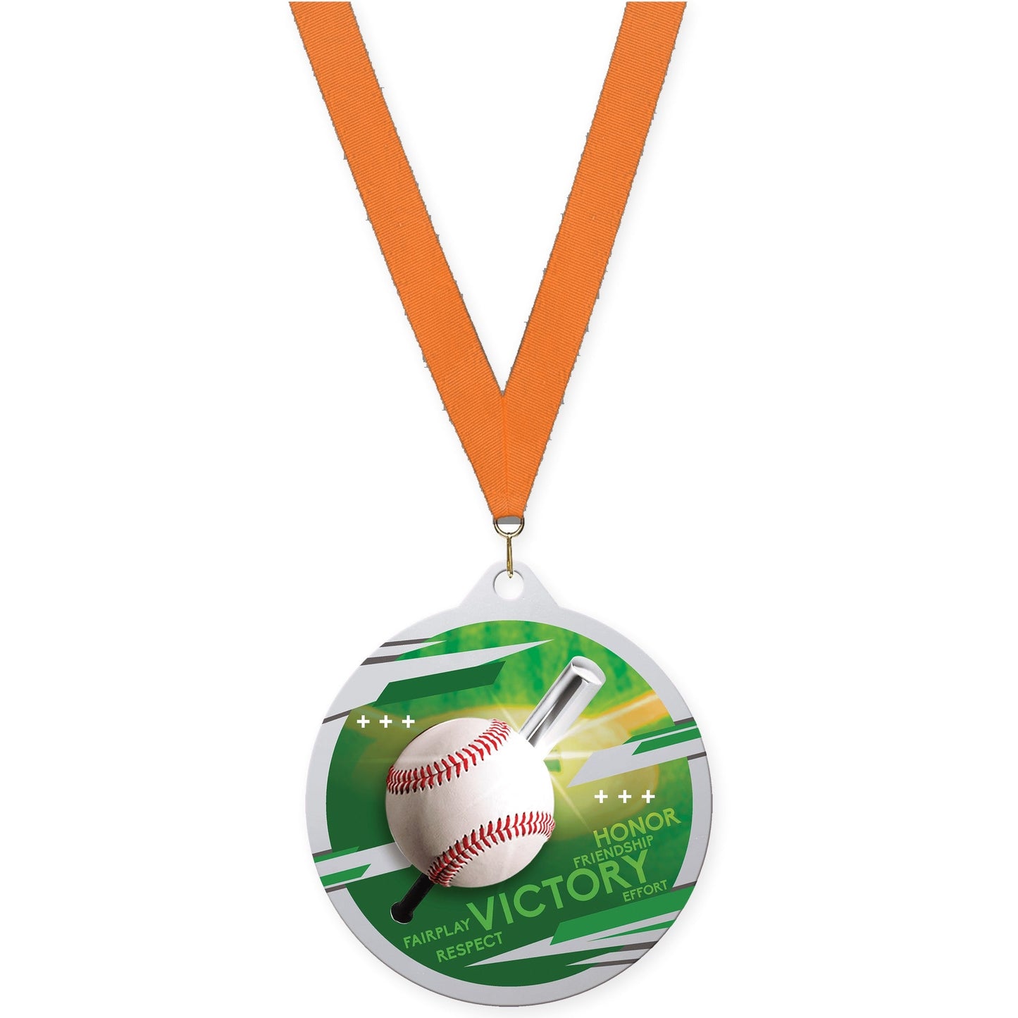 2 3/4 inch baseball Inspire medal in silver with Orange neck ribbon