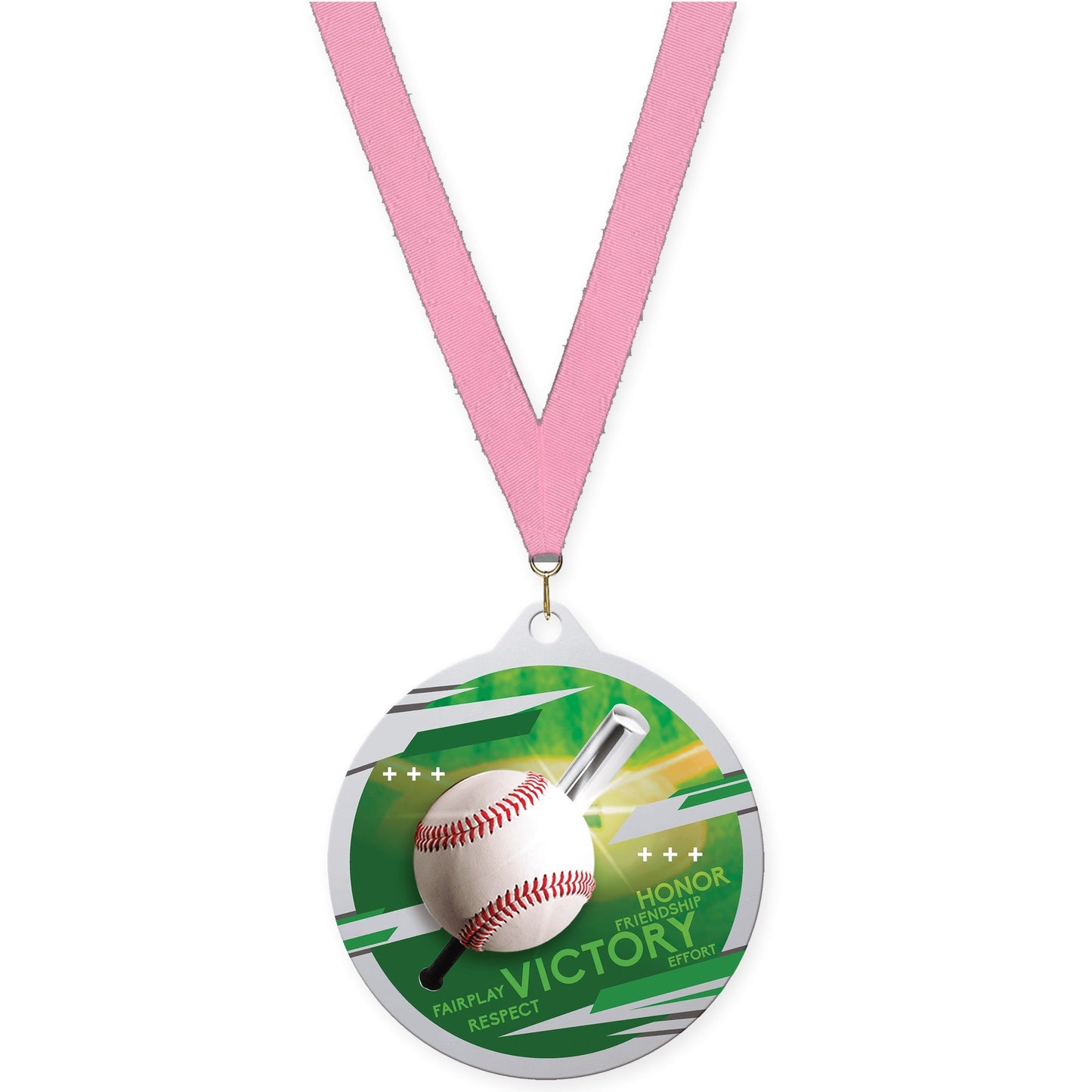 2 3/4 inch baseball Inspire medal in silver with Pink neck ribbon