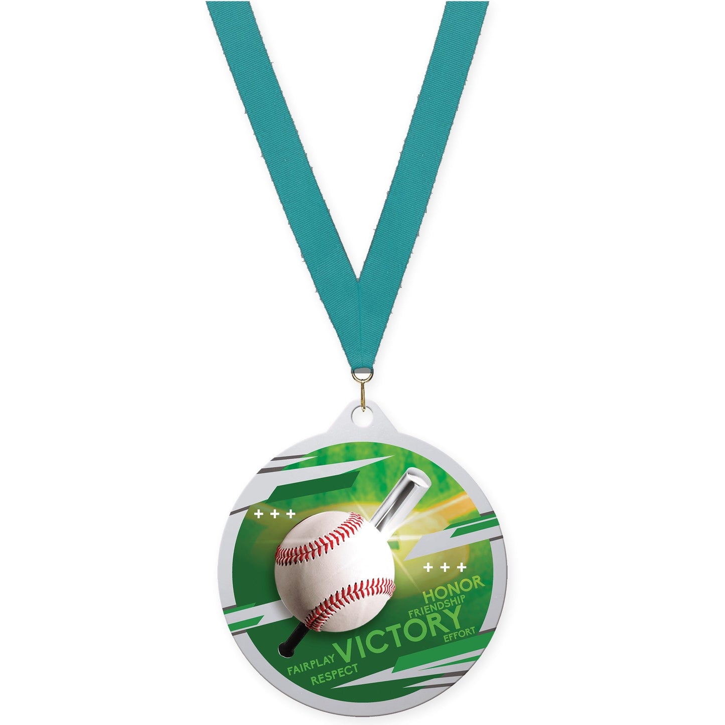 2 3/4 inch baseball Inspire medal in silver with Teal neck ribbon