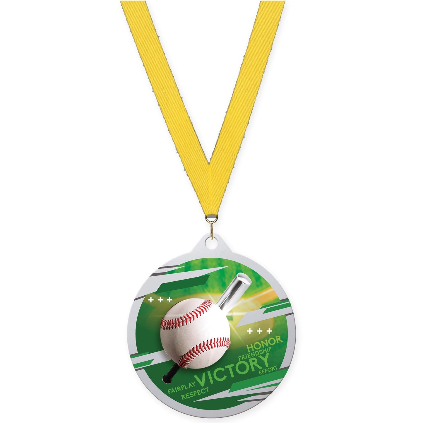 2 3/4 inch baseball Inspire medal in silver with Yellow neck ribbon