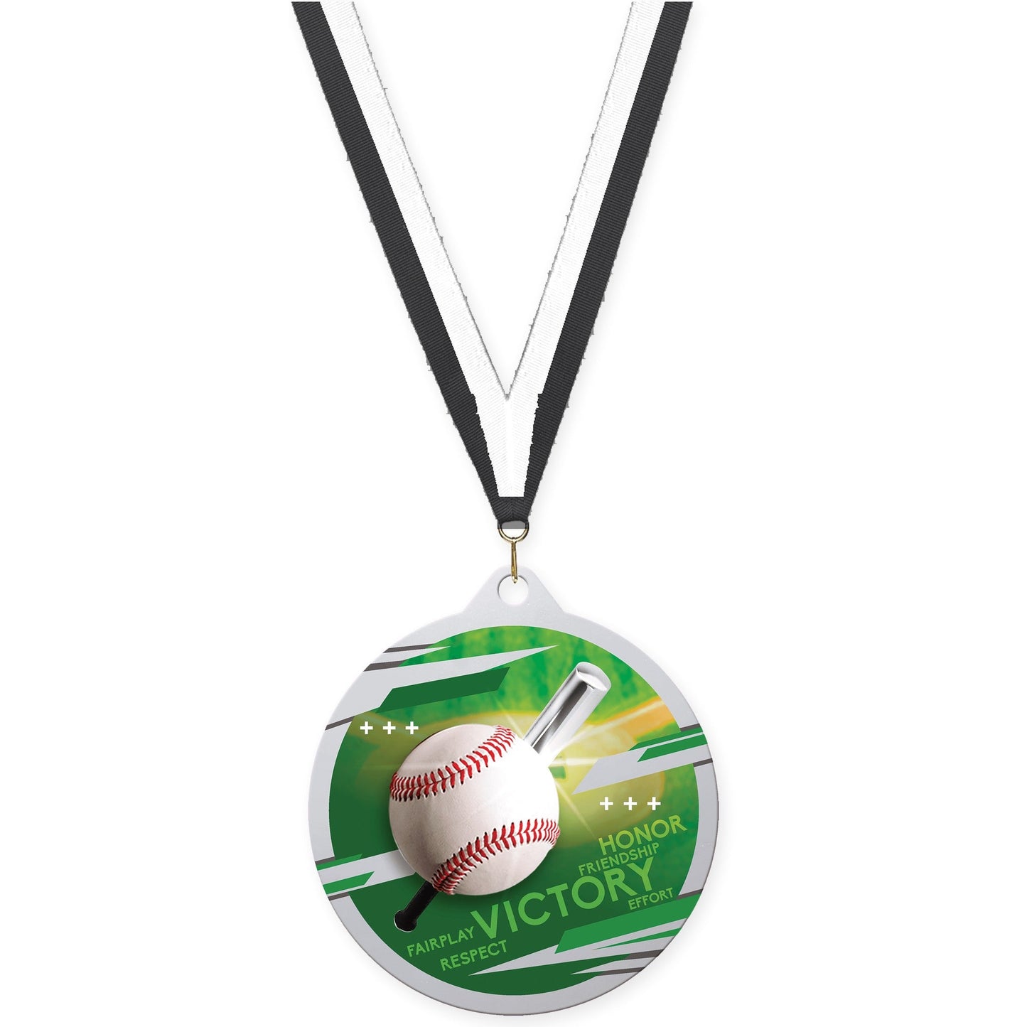 2 3/4 inch baseball Inspire medal in silver with Black White neck ribbon