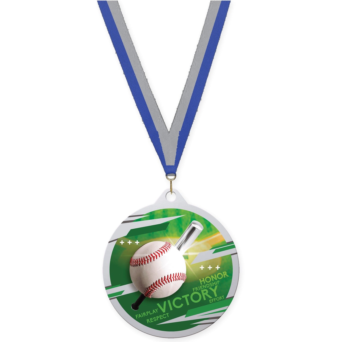 2 3/4 inch baseball Inspire medal in silver with Blue Gray neck ribbon