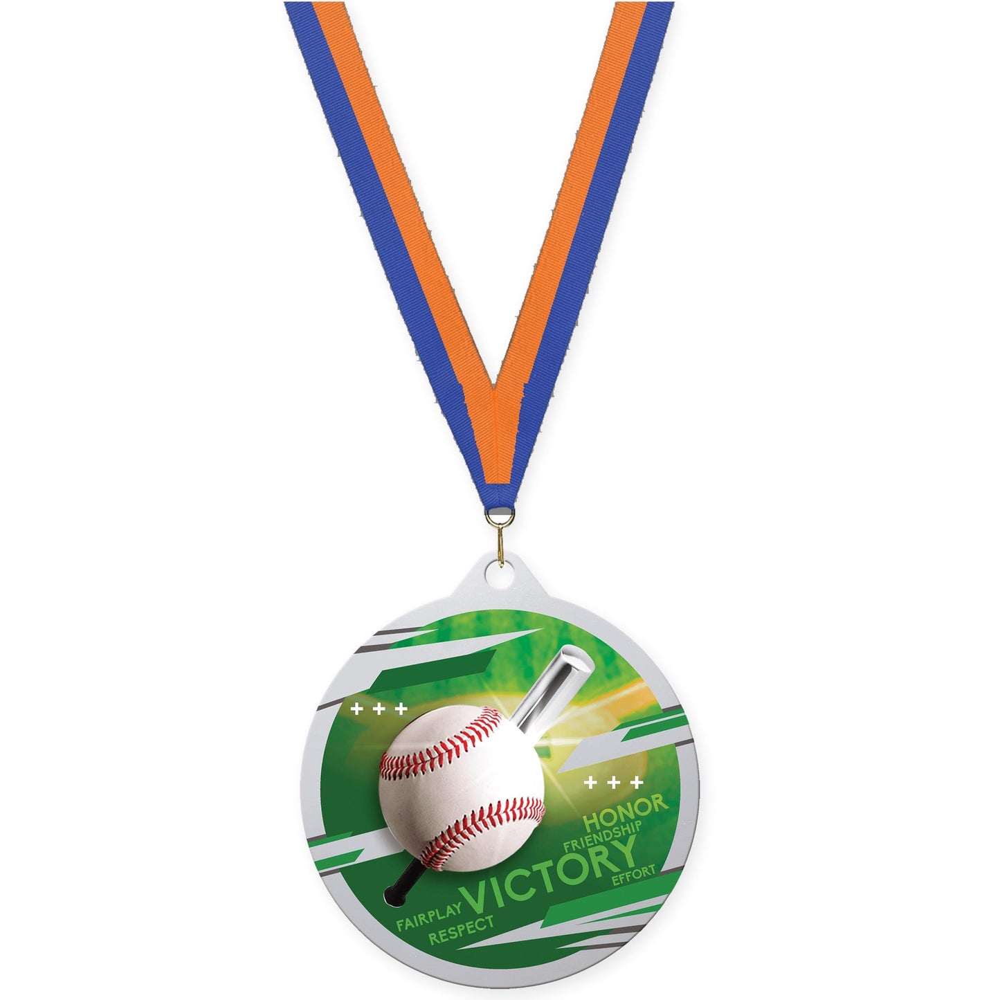 2 3/4 inch baseball Inspire medal in silver with Blue Orange neck ribbon