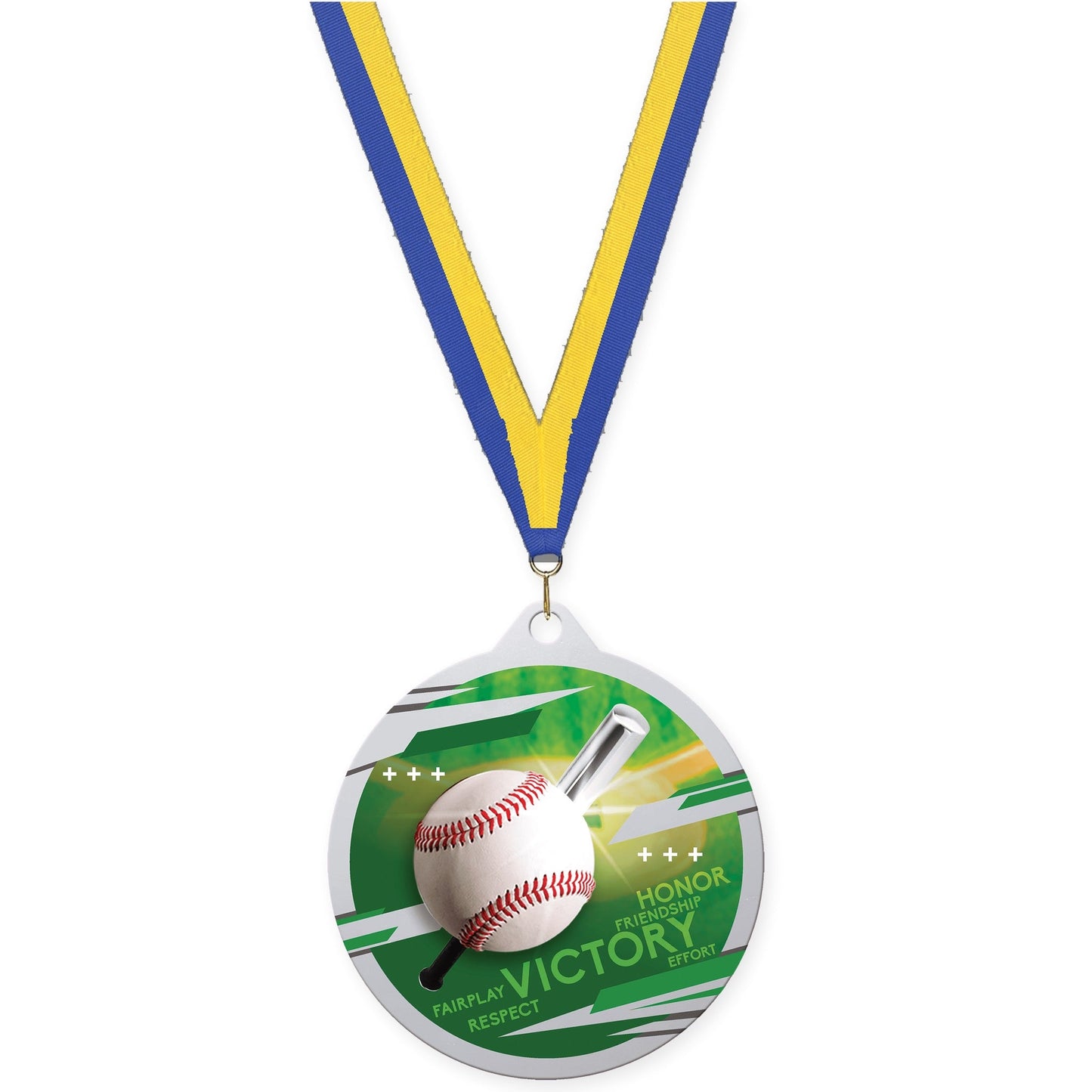 2 3/4 inch baseball Inspire medal in silver with Blue Yellow neck ribbon