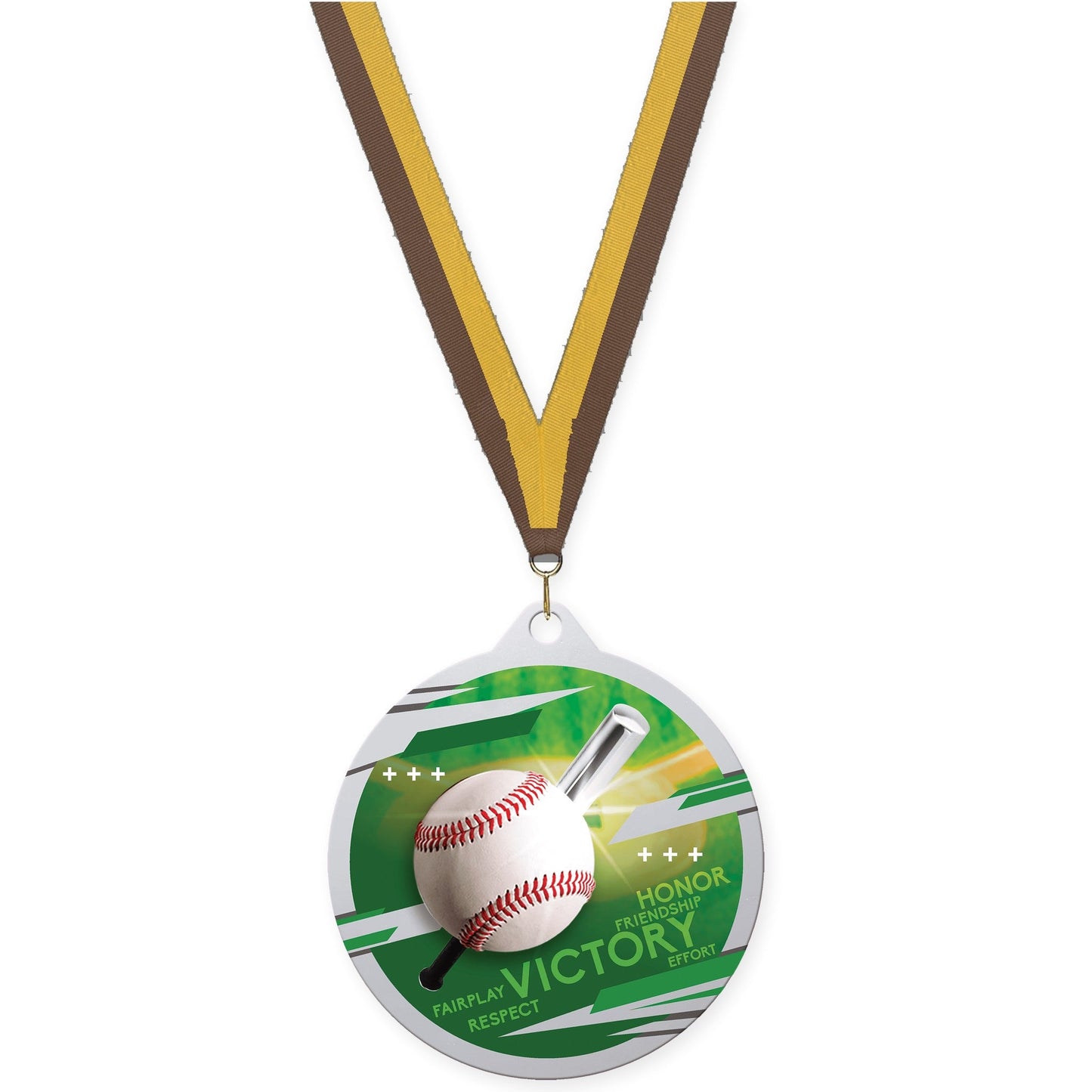2 3/4 inch baseball Inspire medal in silver with Brown Gold neck ribbon