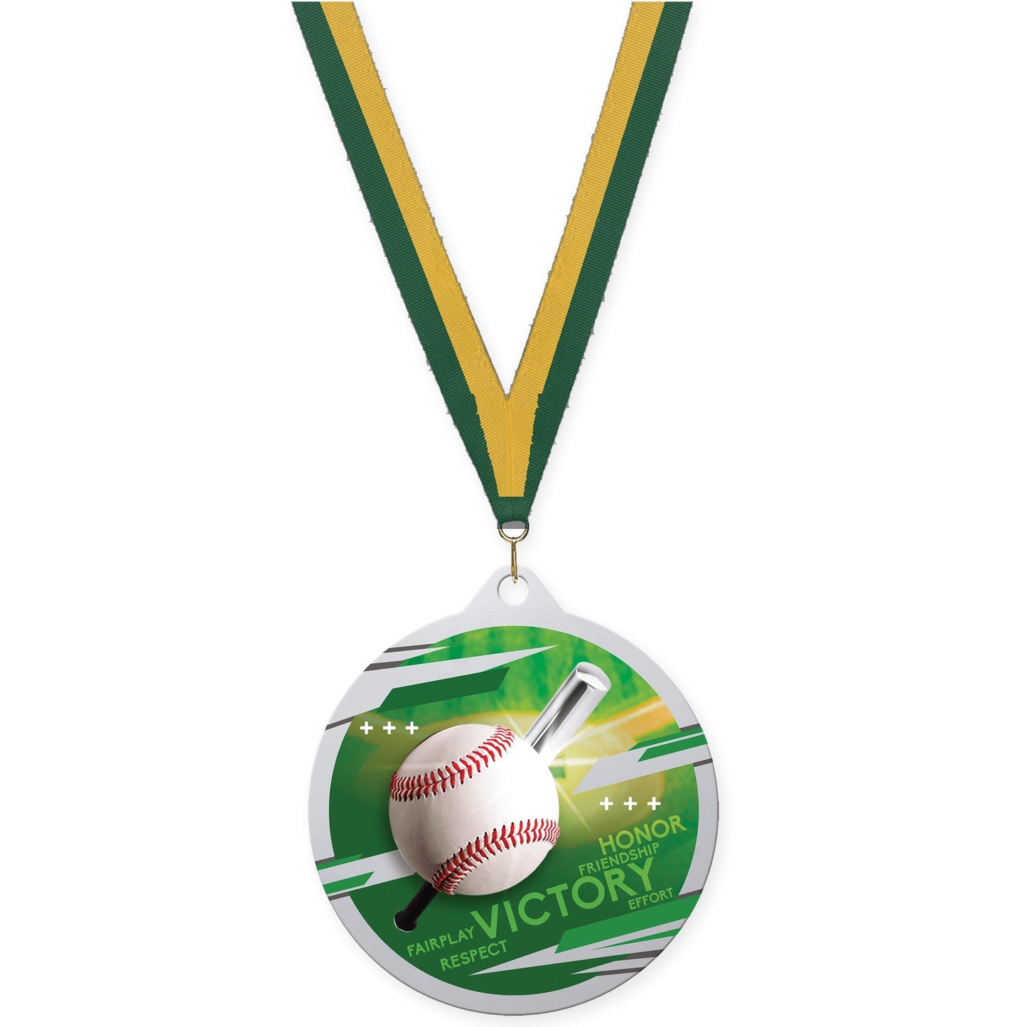 2 3/4 inch baseball Inspire medal in silver with Hunter Green Gold neck ribbon