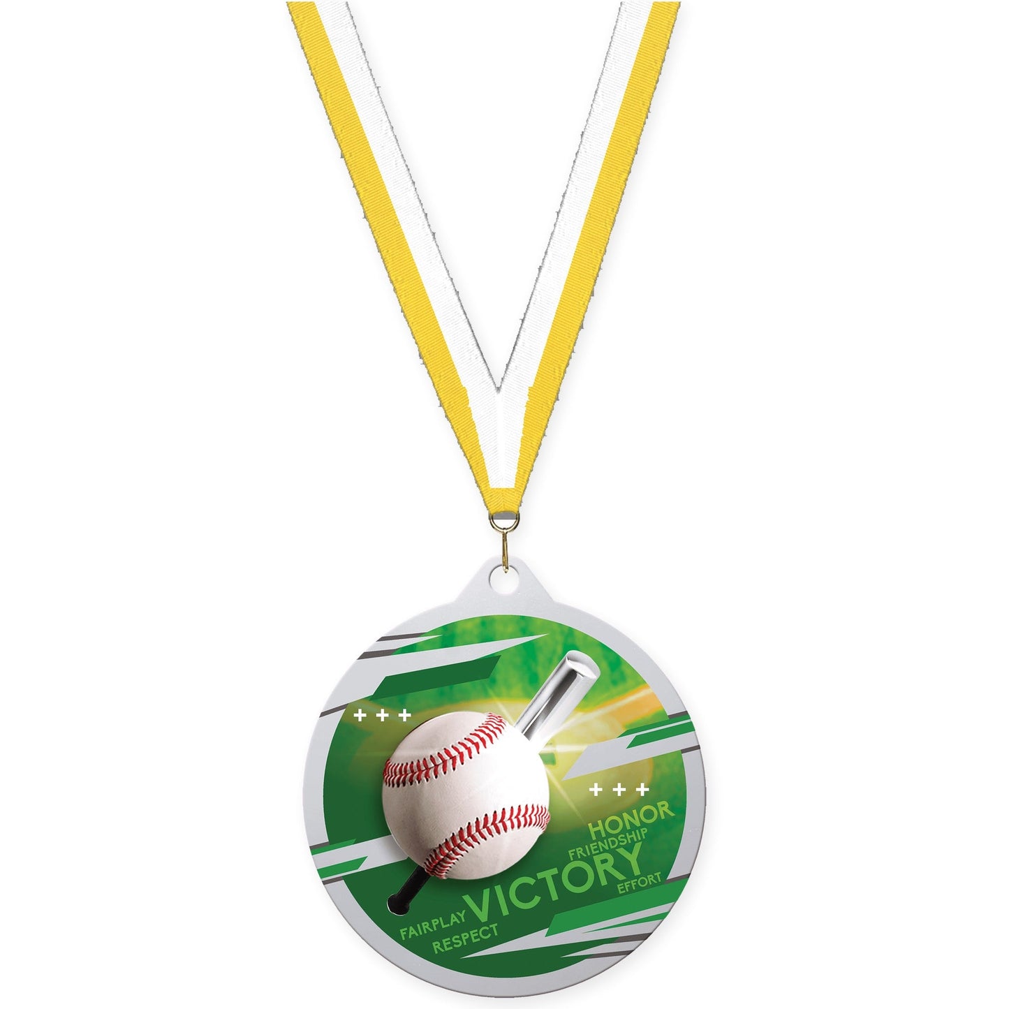 2 3/4 inch baseball Inspire medal in silver with Yellow White neck ribbon