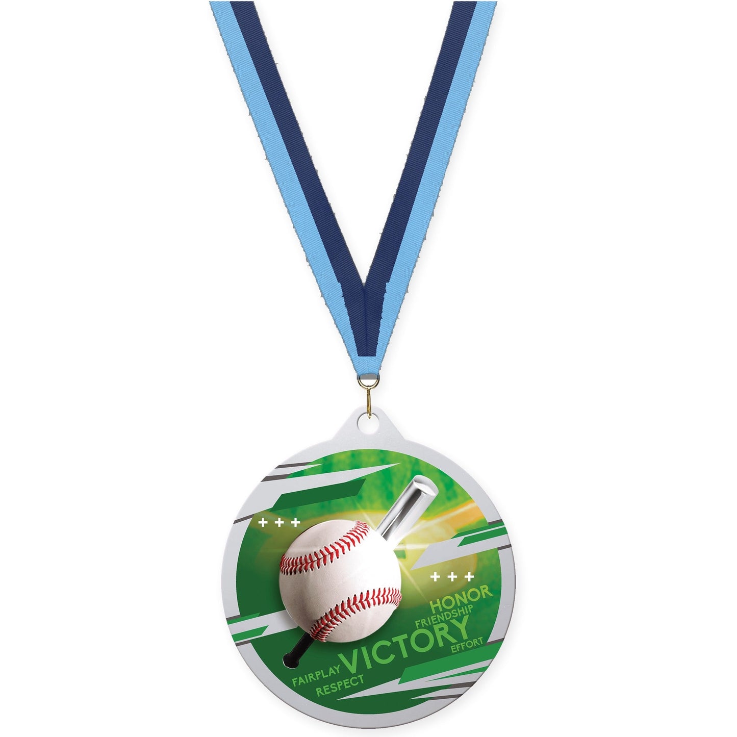 2 3/4 inch baseball Inspire medal in silver with Light Blue Navy neck ribbon