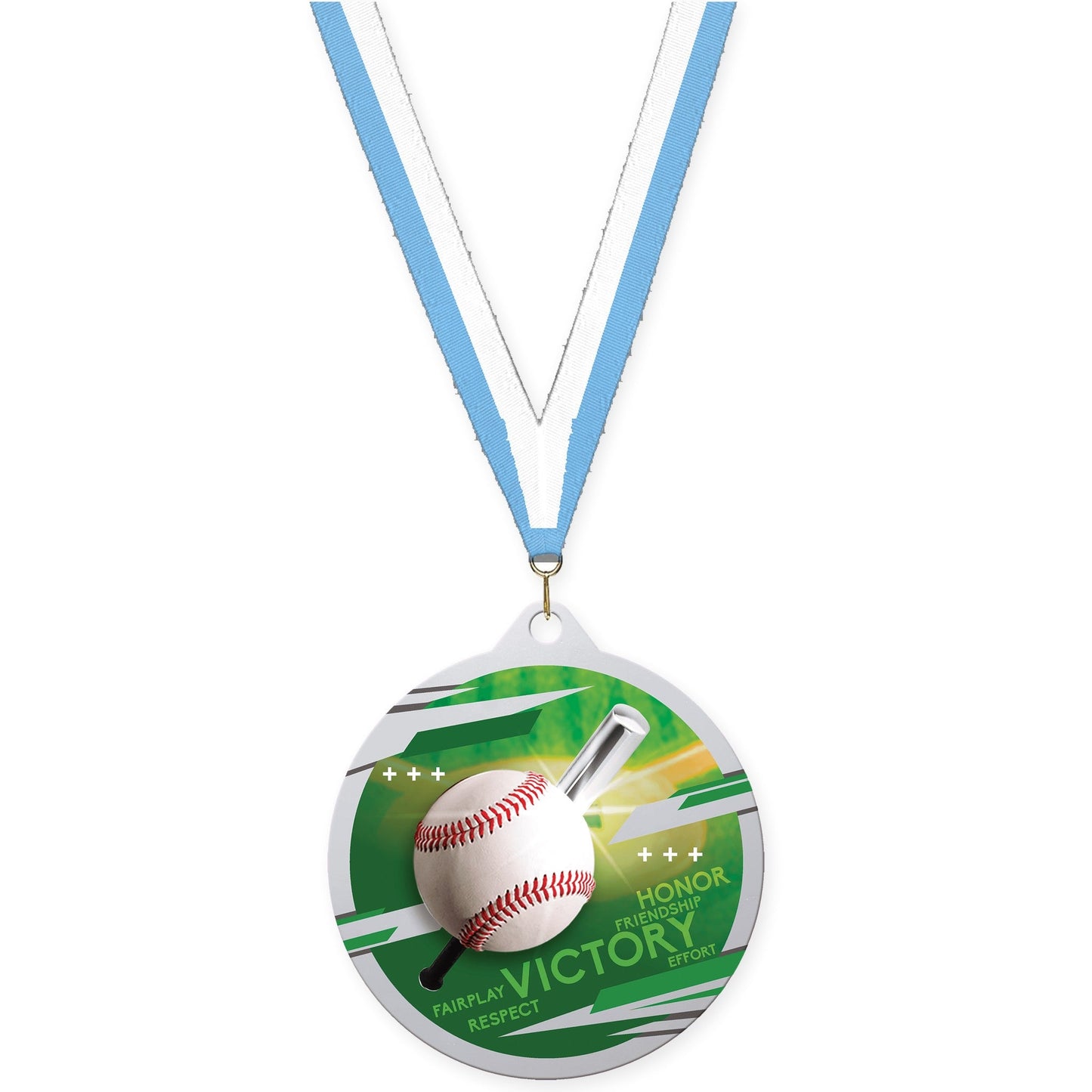 2 3/4 inch baseball Inspire medal in silver with Light Blue White neck ribbon