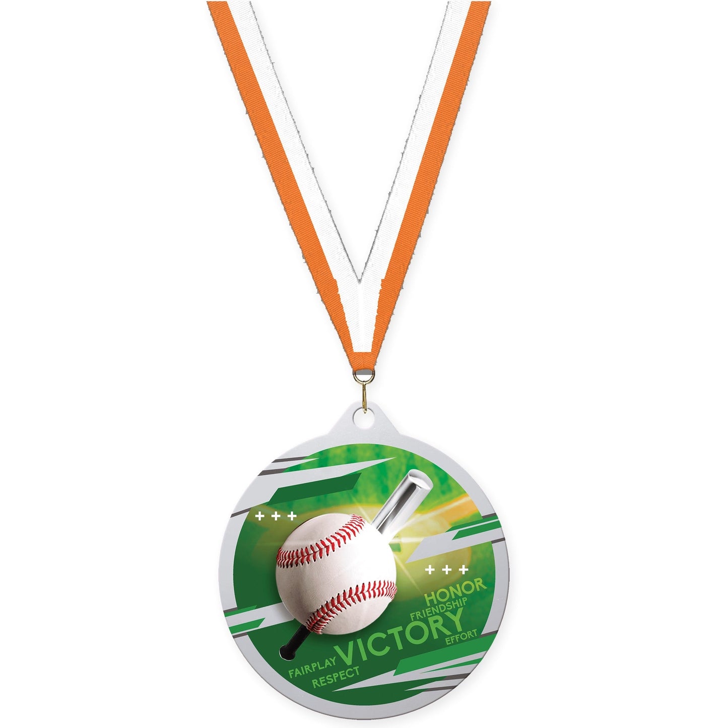 2 3/4 inch baseball Inspire medal in silver with Orange White neck ribbon