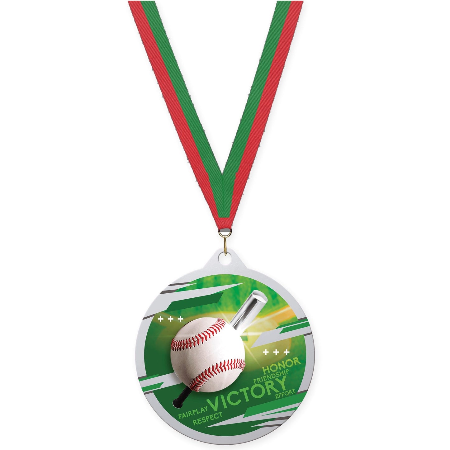2 3/4 inch baseball Inspire medal in silver with Red Green neck ribbon