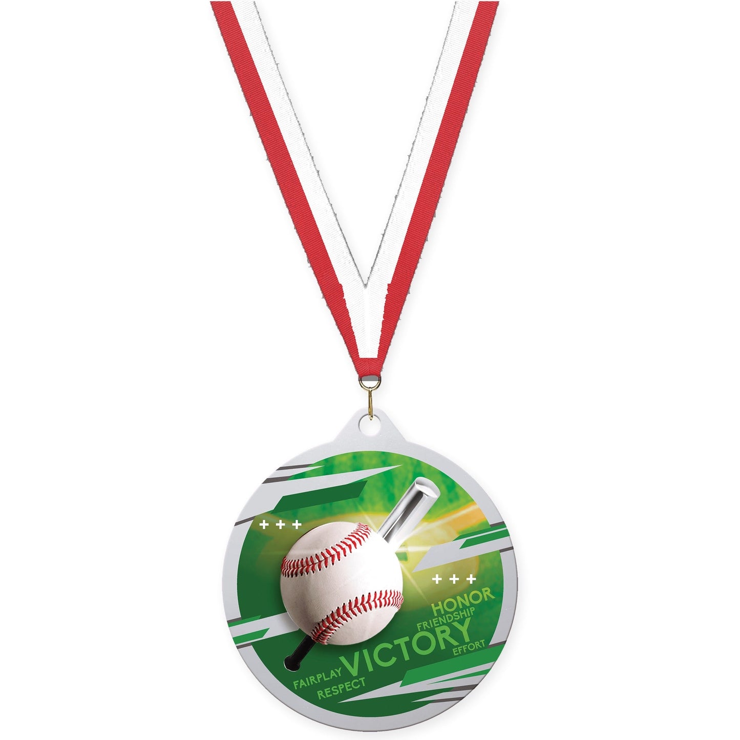 2 3/4 inch baseball Inspire medal in silver with Red White neck ribbon