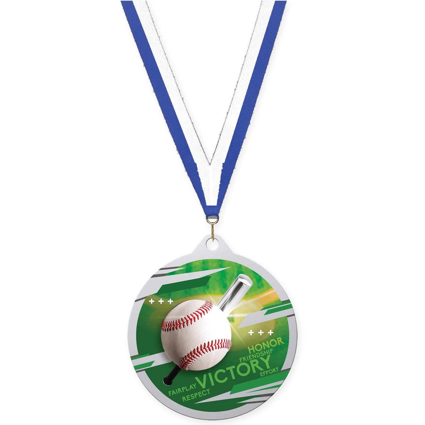 2 3/4 inch baseball Inspire medal in silver with Blue White neck ribbon