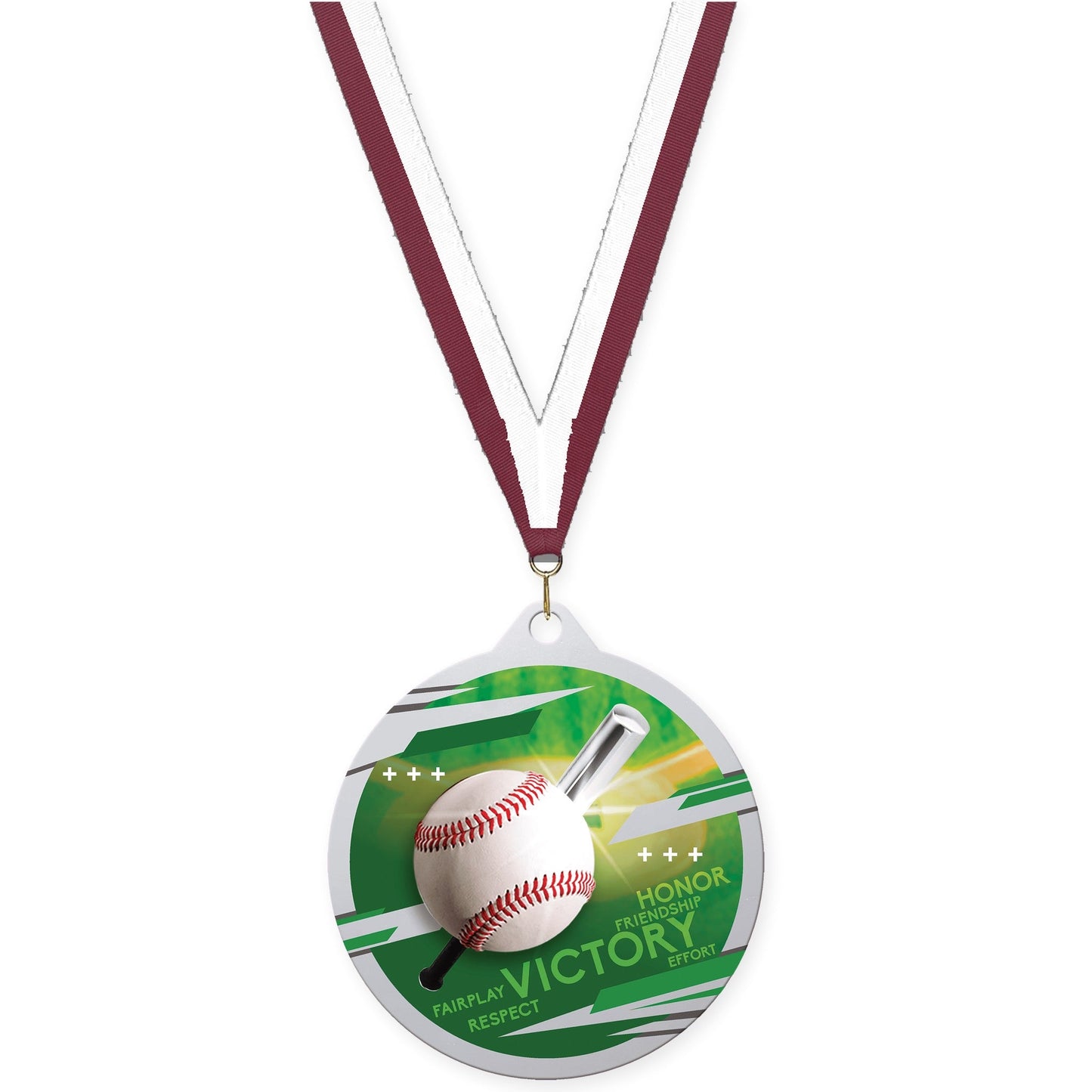 2 3/4 inch baseball Inspire medal in silver with Maroon White neck ribbon