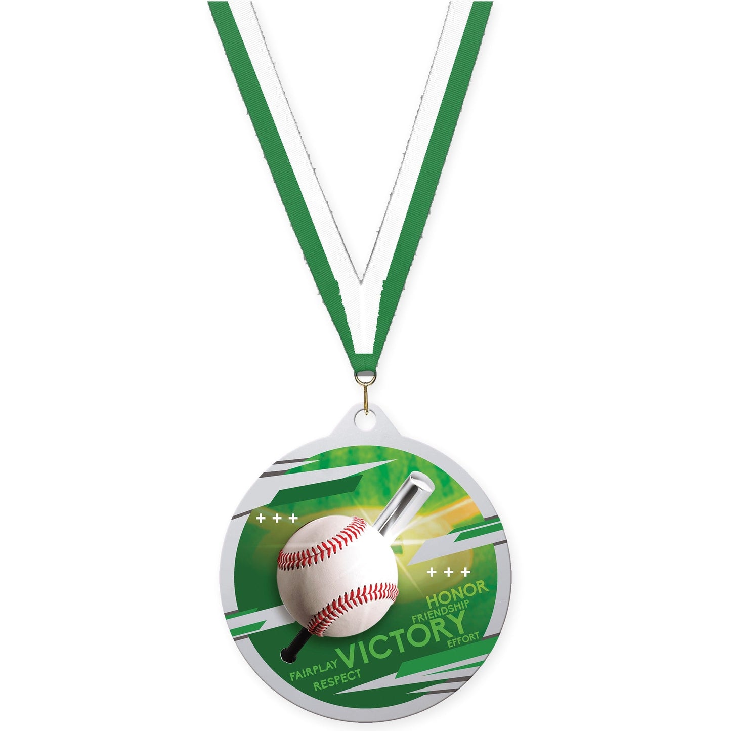 2 3/4 inch baseball Inspire medal in silver with Green White neck ribbon