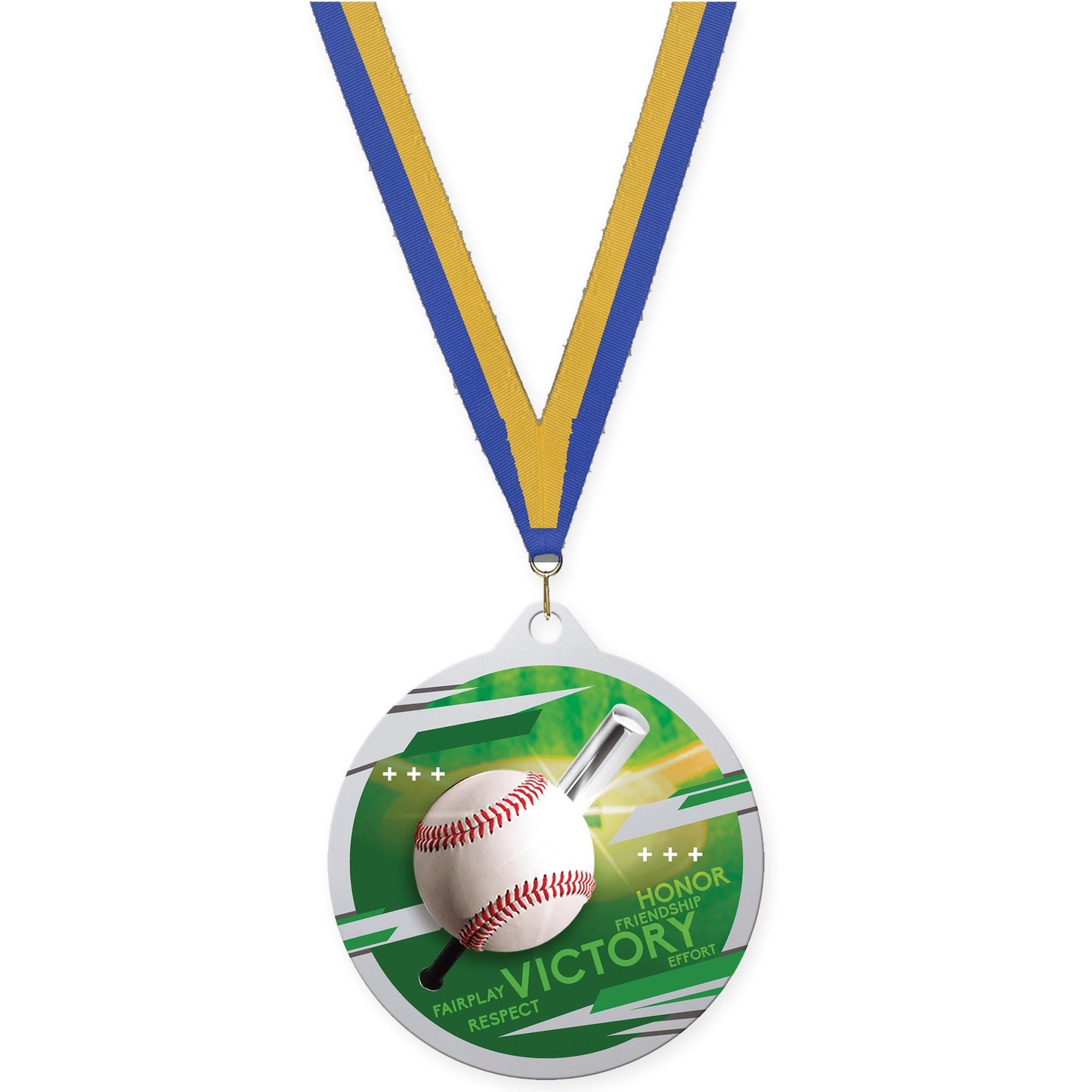 2 3/4 inch baseball Inspire medal in silver with Blue Gold neck ribbon