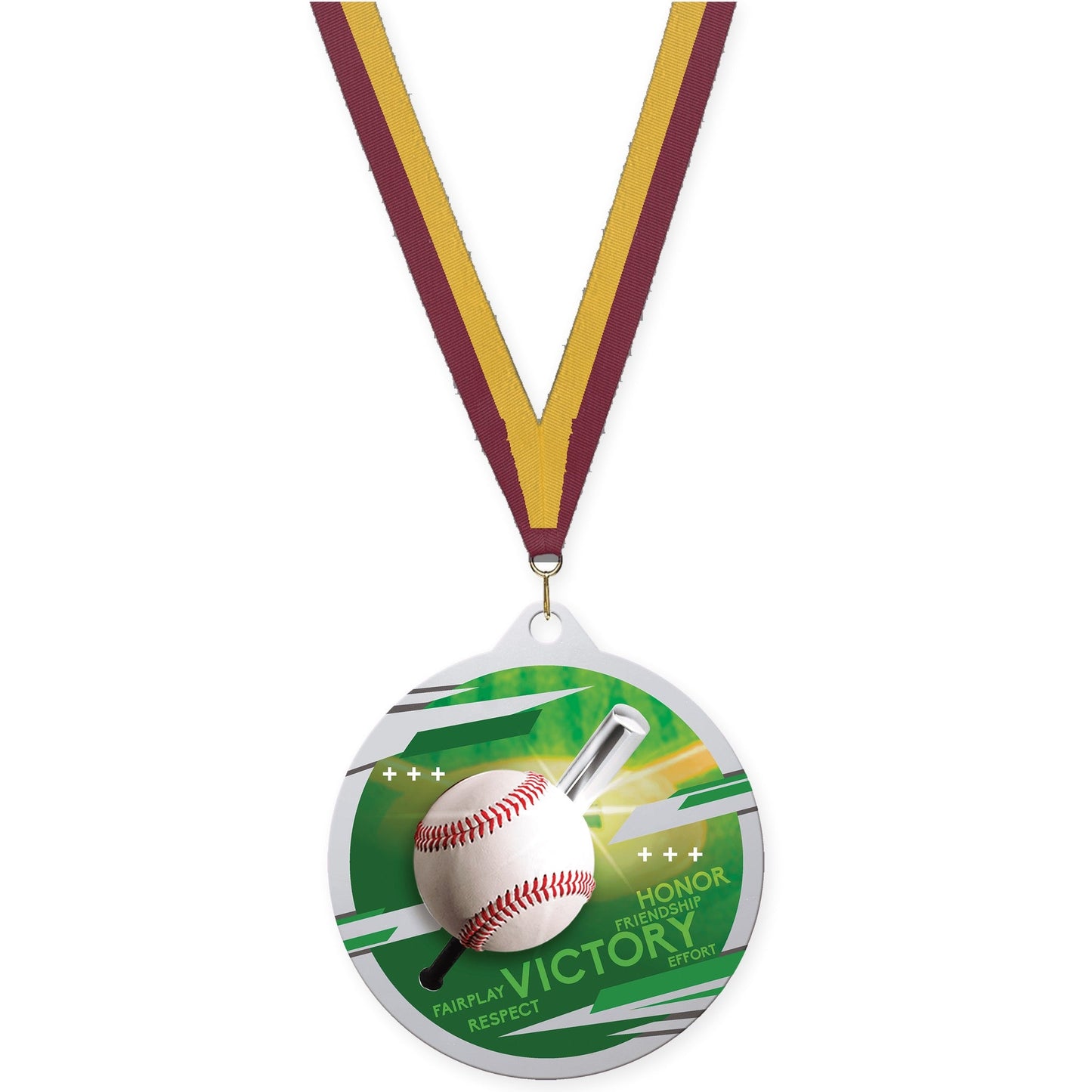 2 3/4 inch baseball Inspire medal in silver with Maroon Gold neck ribbon