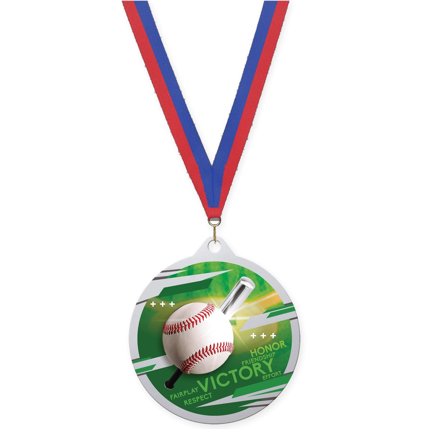2 3/4 inch baseball Inspire medal in silver with Blue Red neck ribbon