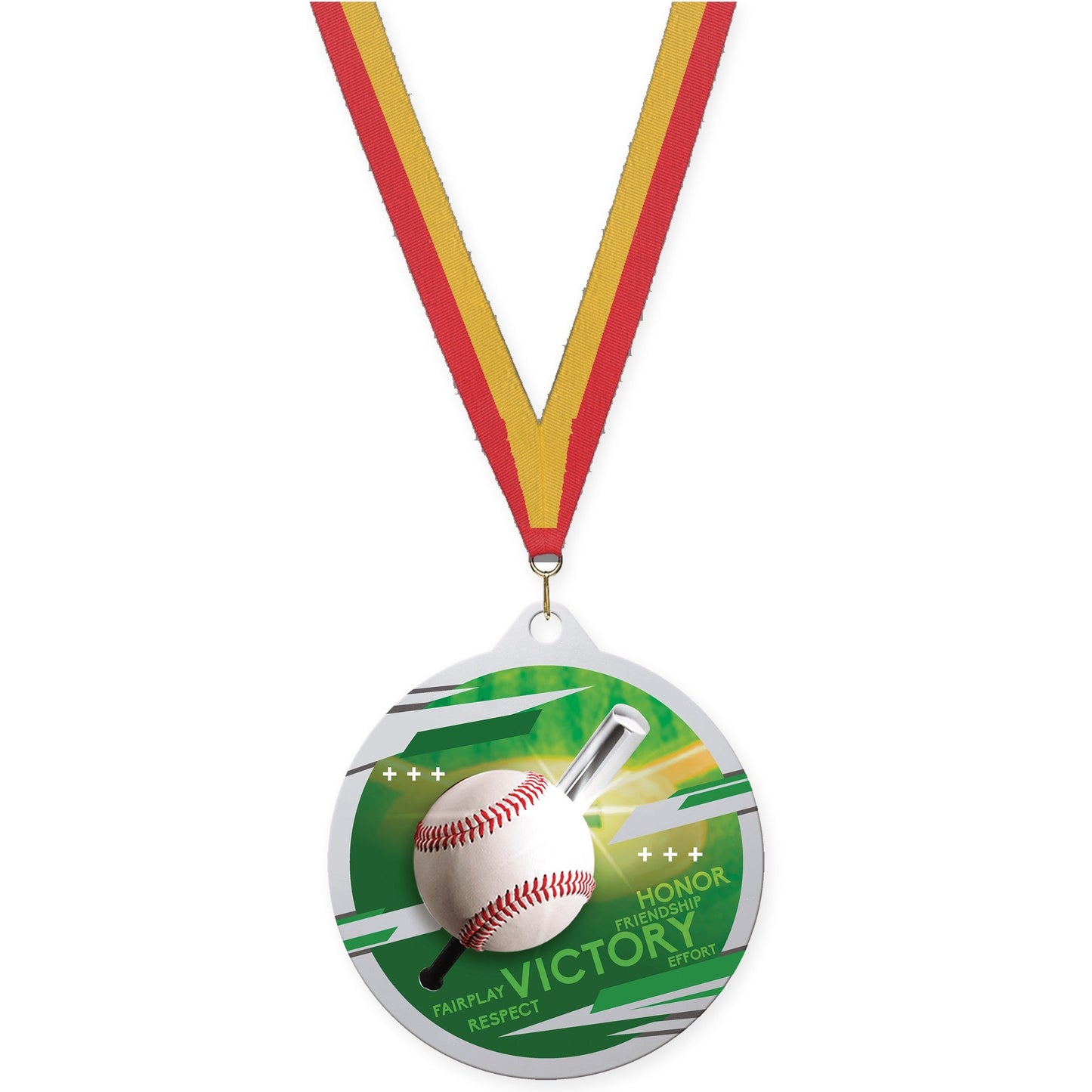 2 3/4 inch baseball Inspire medal in silver with Red Gold neck ribbon