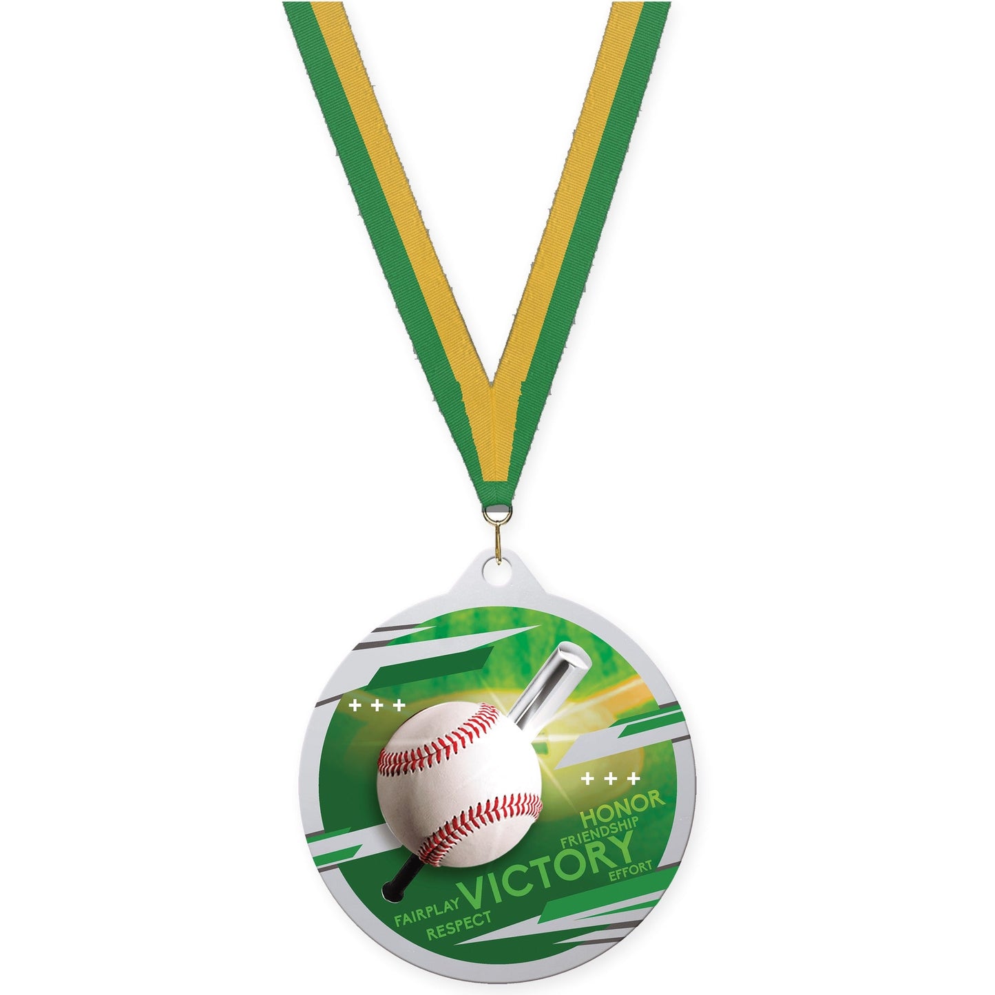 2 3/4 inch baseball Inspire medal in silver with Green Gold neck ribbon