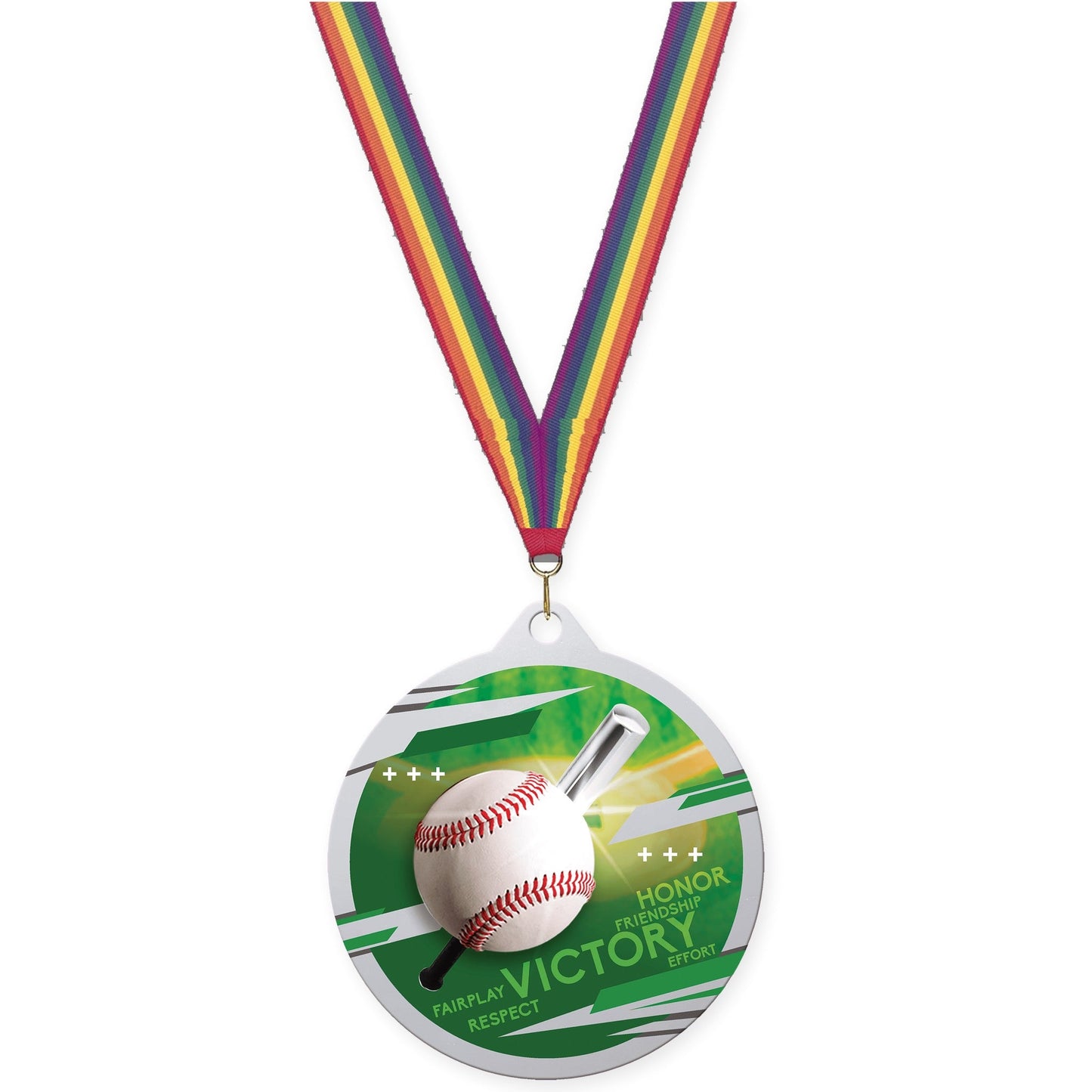 2 3/4 inch baseball Inspire medal in silver with Rainbow neck ribbon
