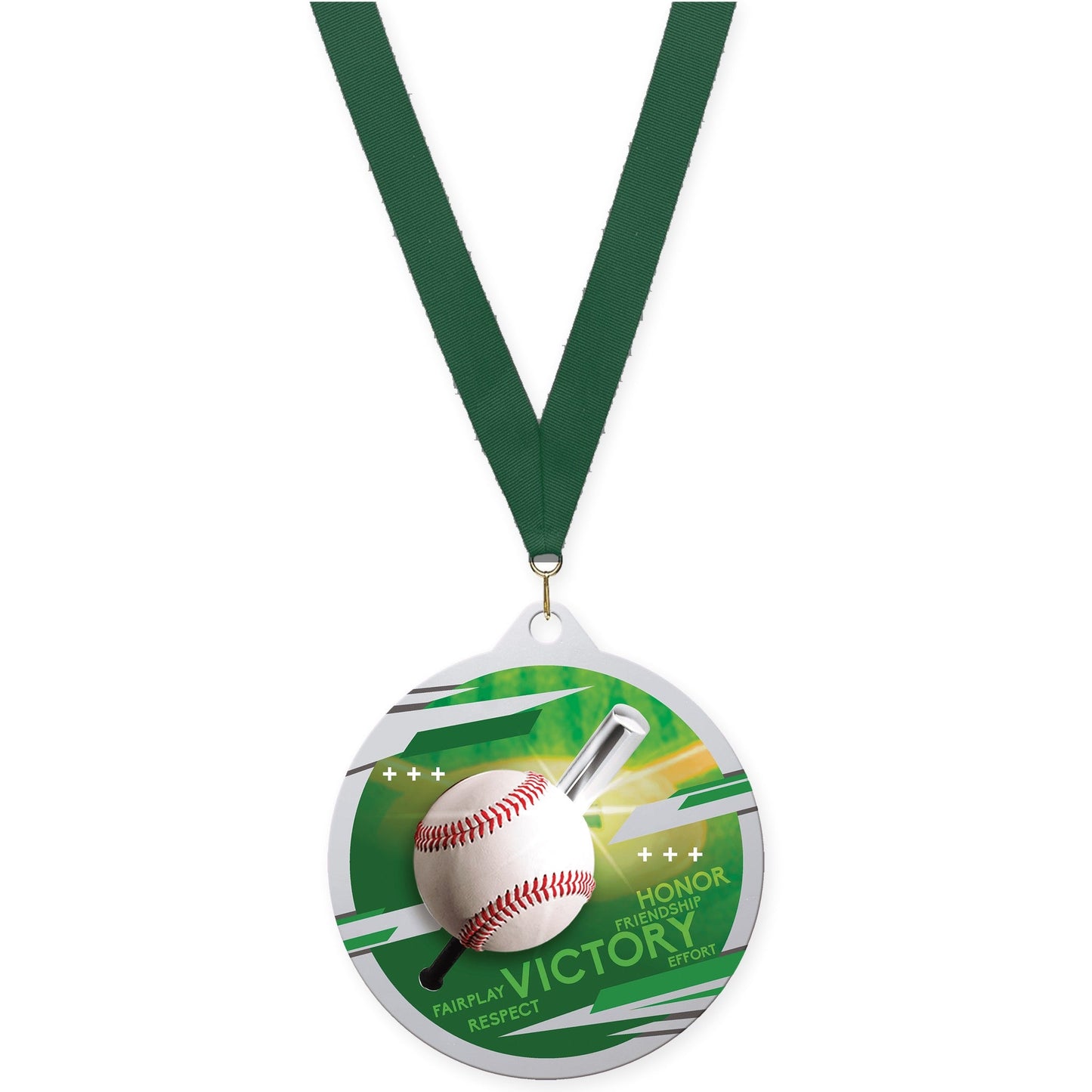2 3/4 inch baseball Inspire medal in silver with Hunter Green neck ribbon