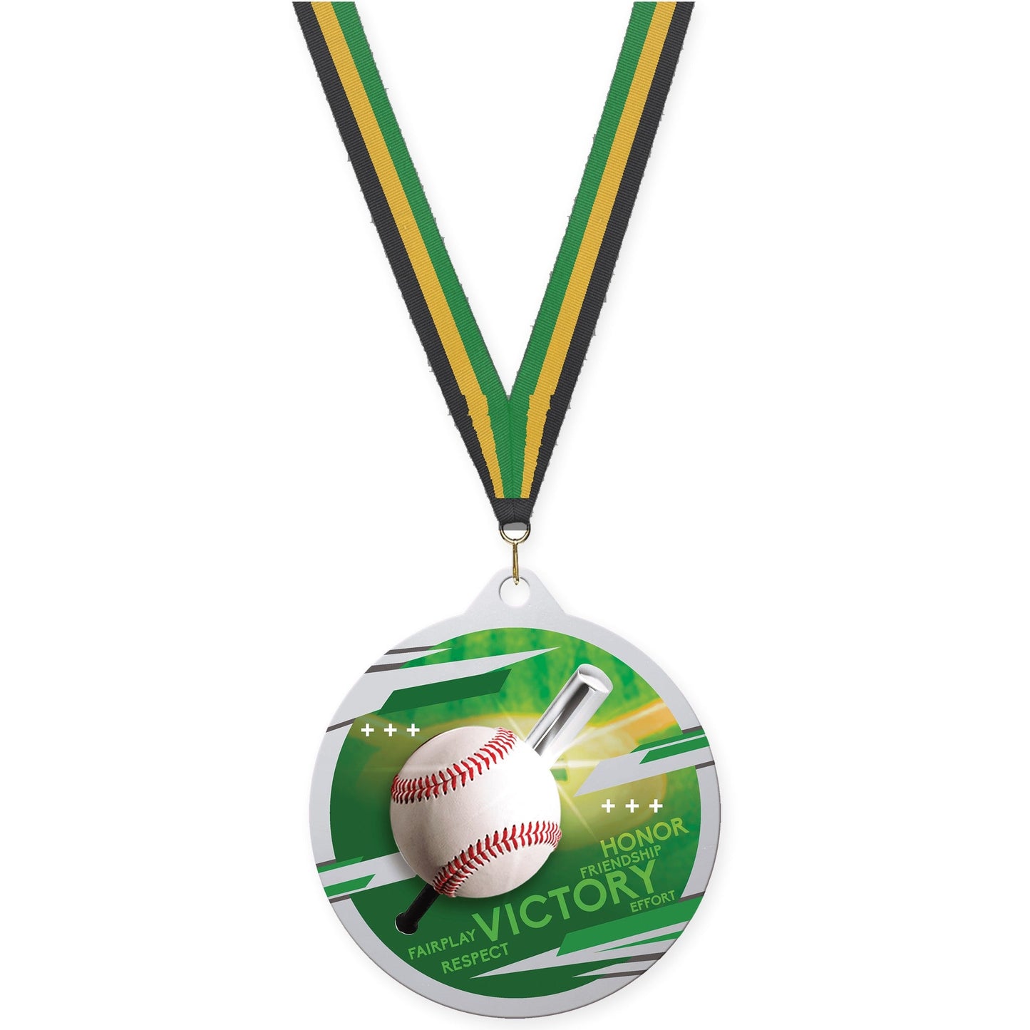 2 3/4 inch baseball Inspire medal in silver with Black Gold Green neck ribbon