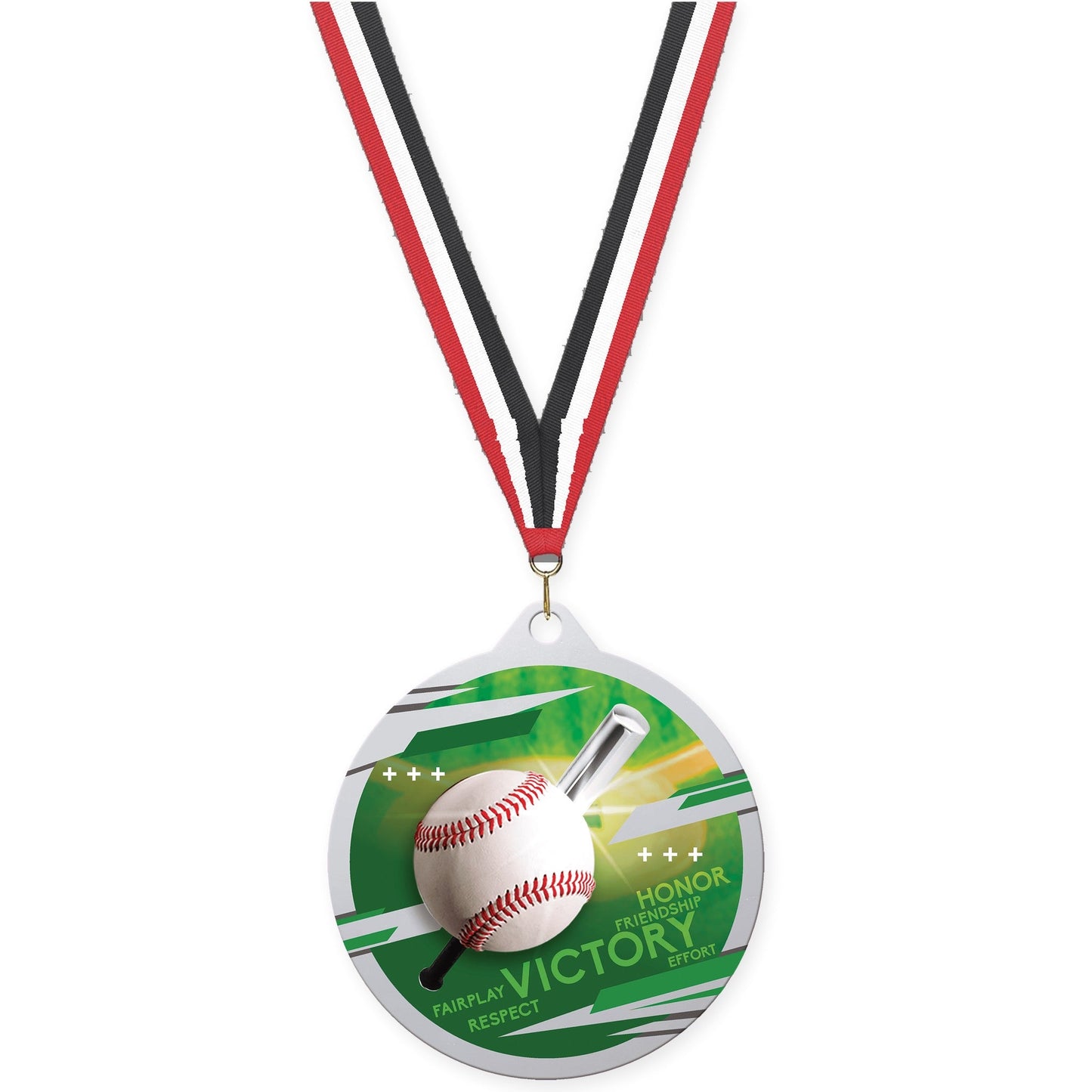 2 3/4 inch baseball Inspire medal in silver with Red White Black neck ribbon