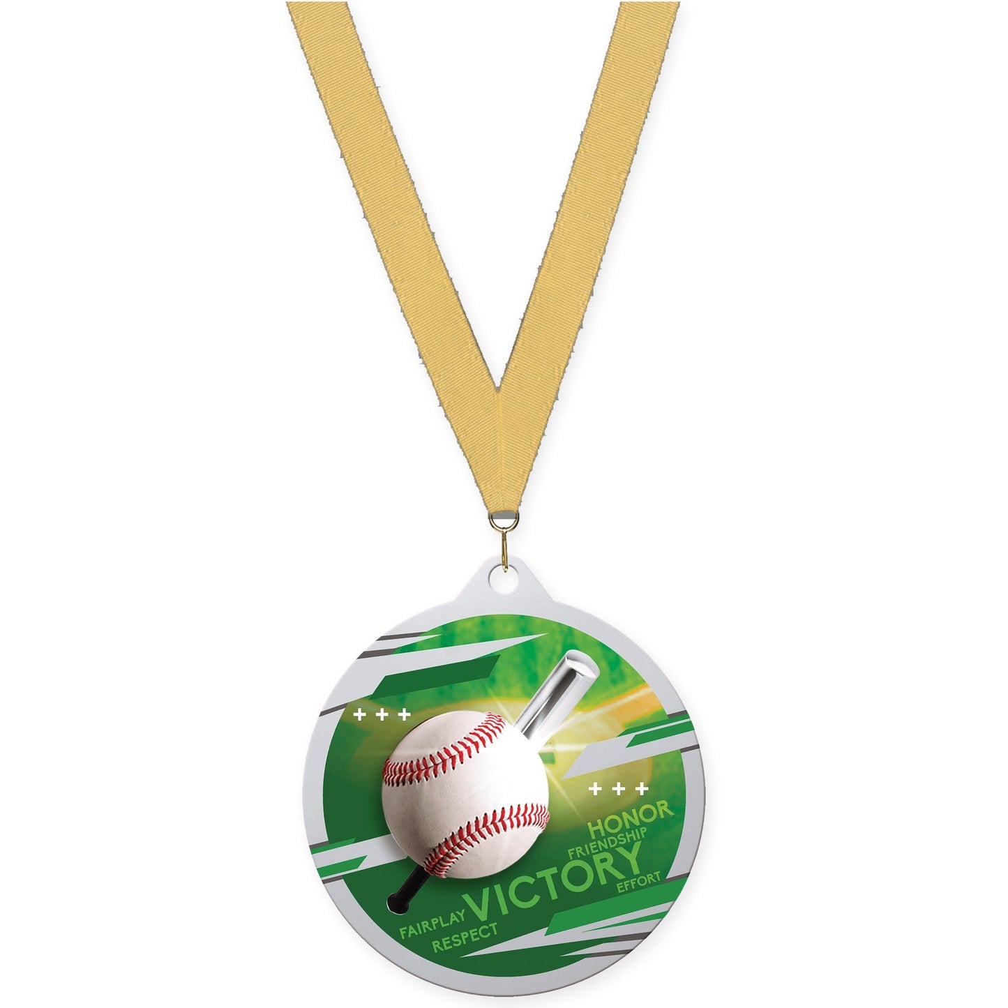2 3/4 inch baseball Inspire medal in silver with Gold Metallic neck ribbon