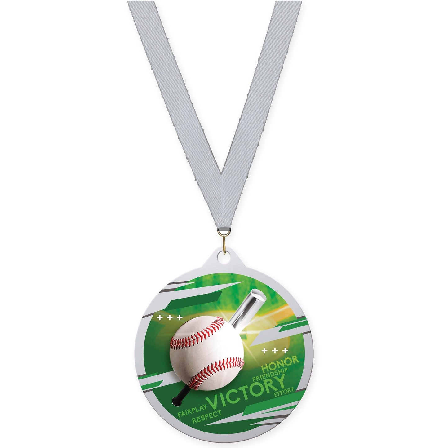 2 3/4 inch baseball Inspire medal in silver with Silver Metallic neck ribbon