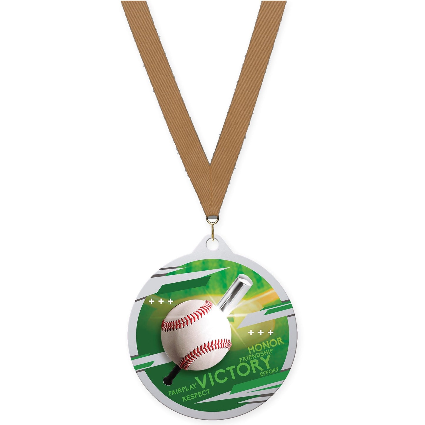 2 3/4 inch baseball Inspire medal in silver with Bronze Metallic neck ribbon