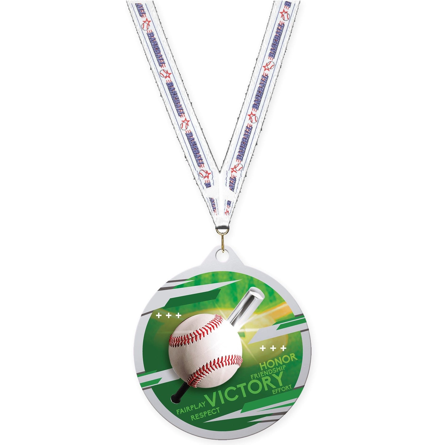 2 3/4 inch baseball Inspire medal in silver with Baseball neck ribbon