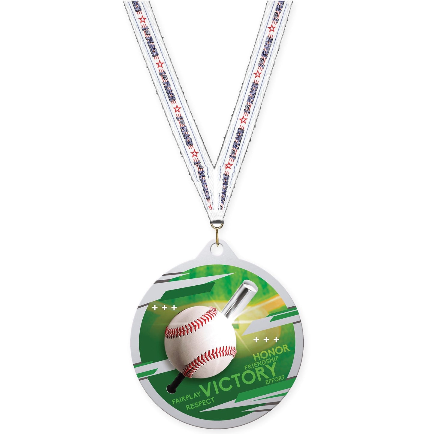 2 3/4 inch baseball Inspire medal in silver with 1st Place neck ribbon