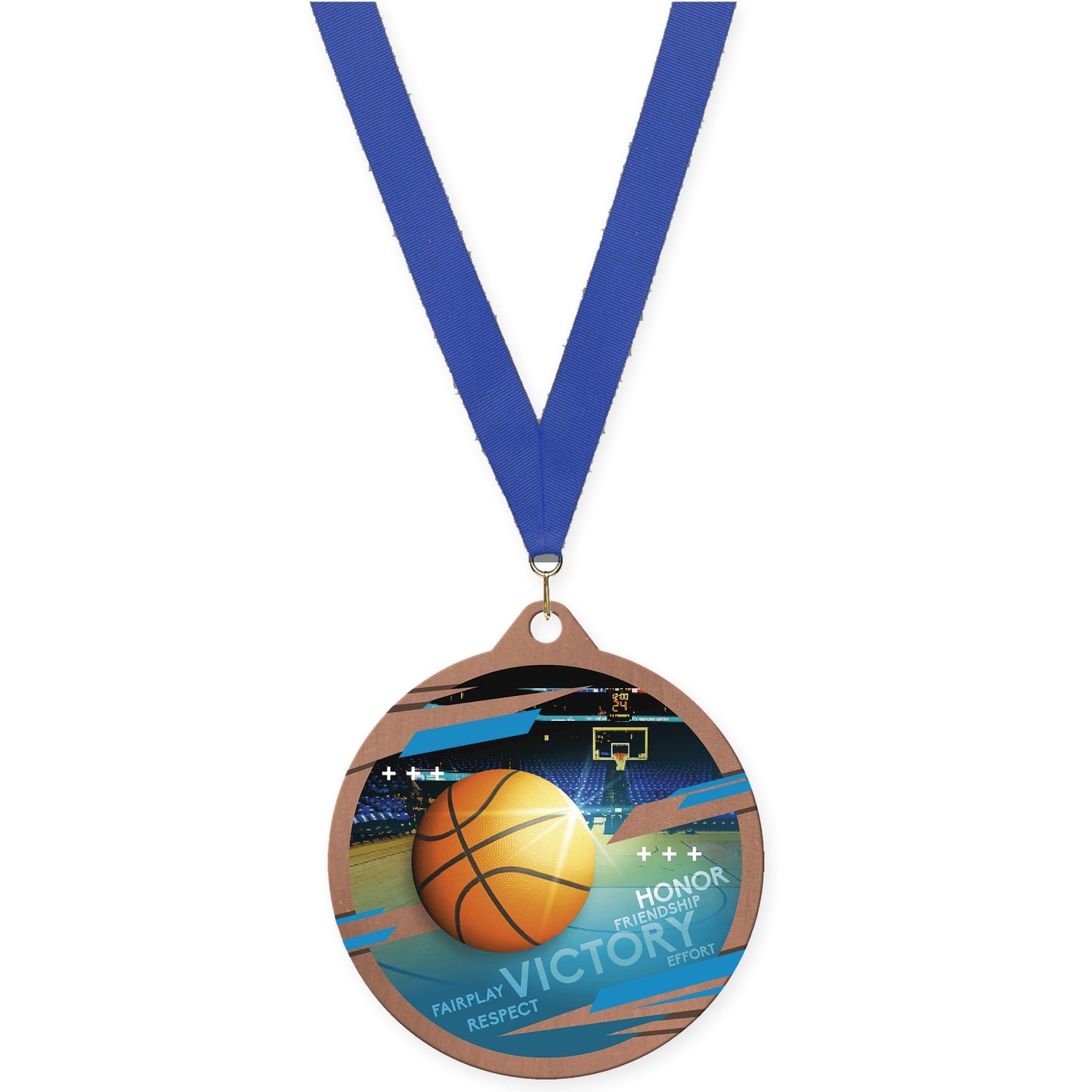 2 3/4 inch basketball Inspire medal in bronze with Blue neck ribbon