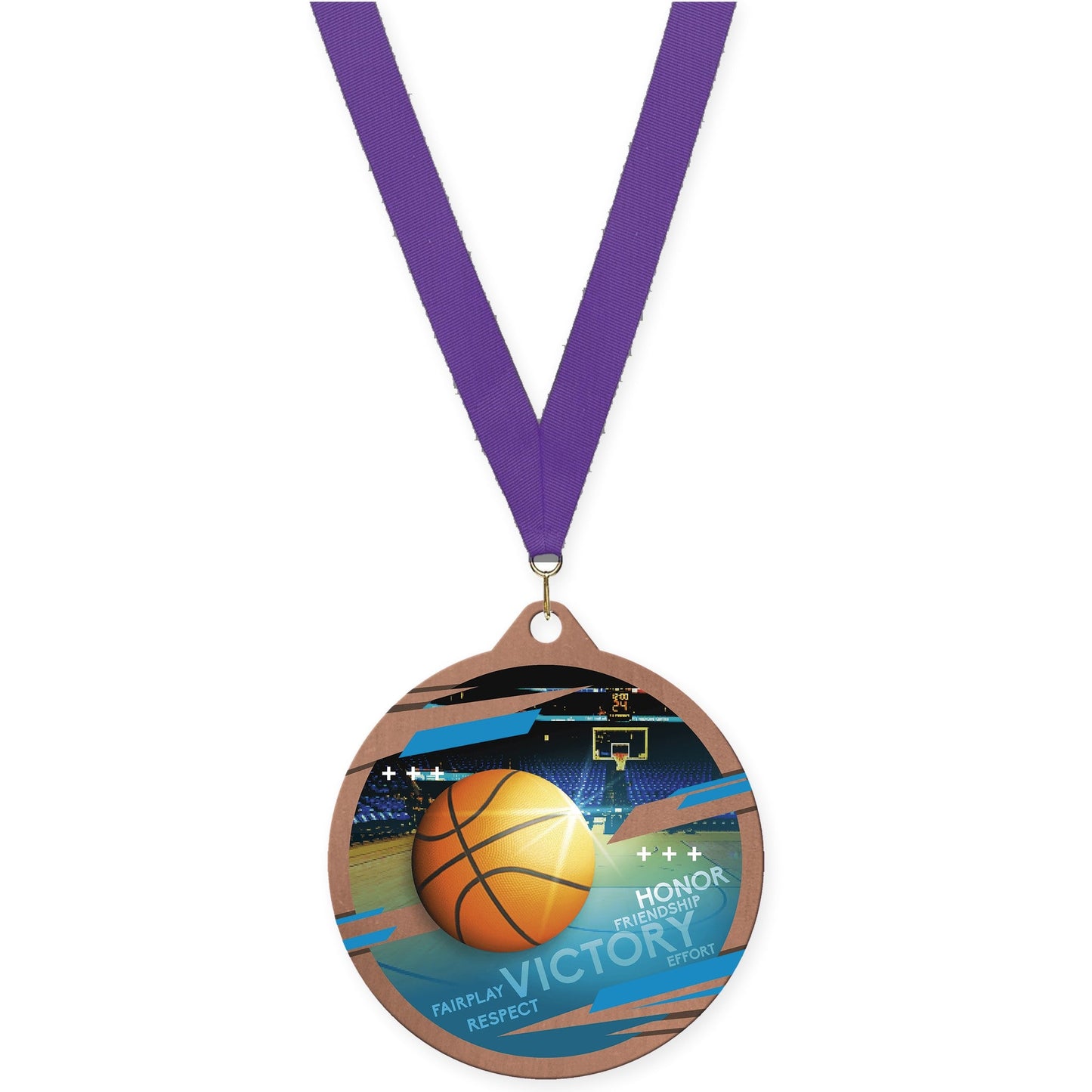 2 3/4 inch basketball Inspire medal in bronze with Purple neck ribbon