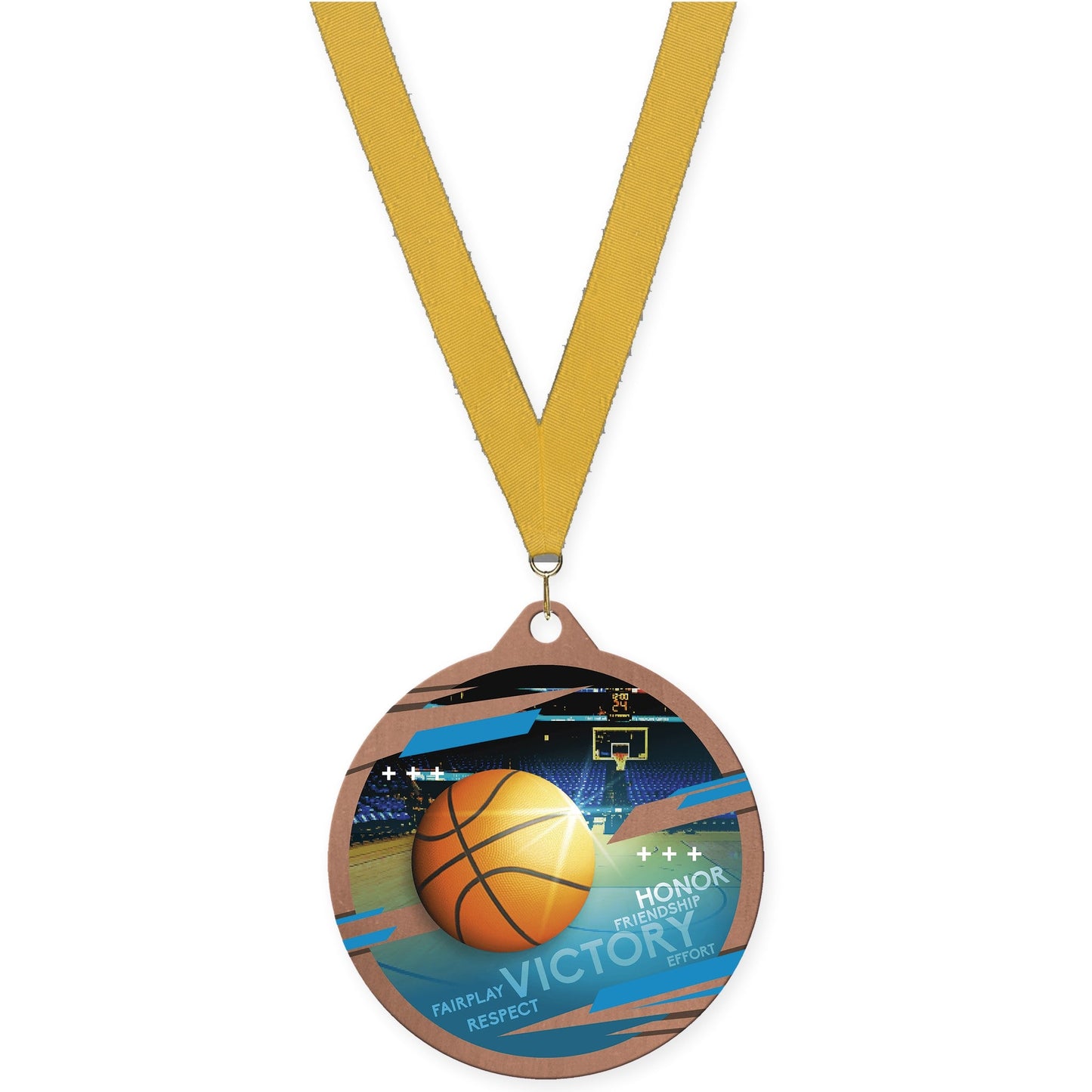 2 3/4 inch basketball Inspire medal in bronze with Gold neck ribbon