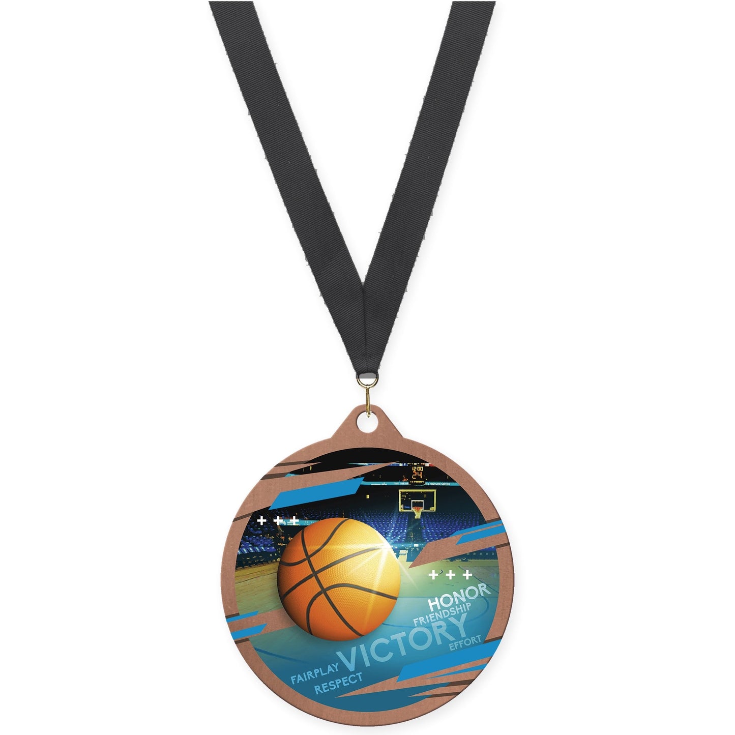 2 3/4 inch basketball Inspire medal in bronze with Black neck ribbon