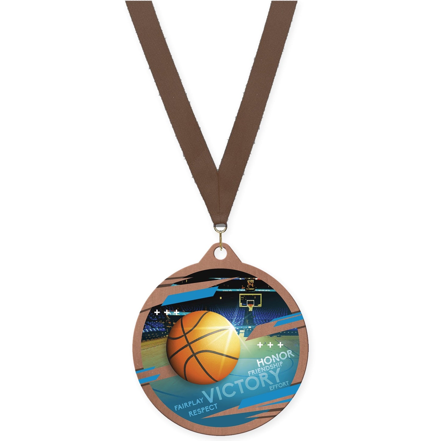 2 3/4 inch basketball Inspire medal in bronze with Brown neck ribbon