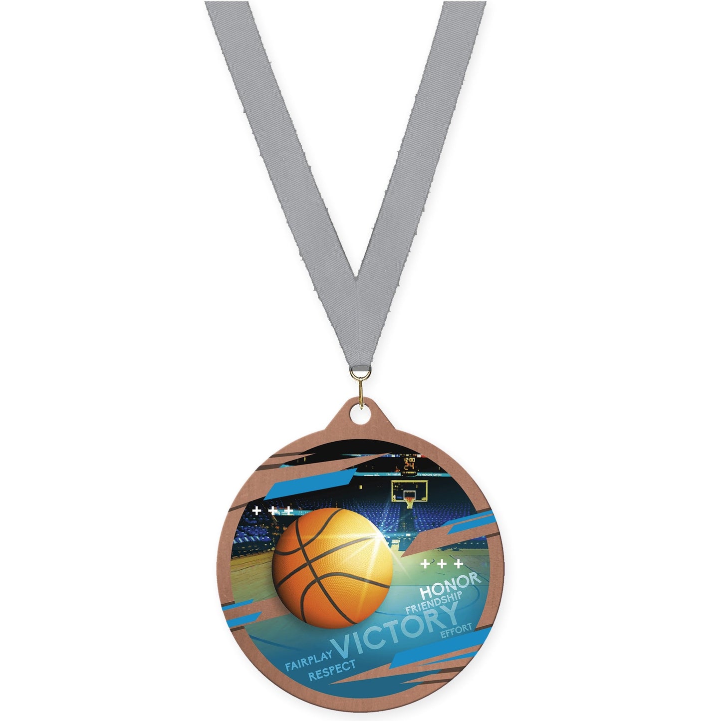 2 3/4 inch basketball Inspire medal in bronze with Gray neck ribbon